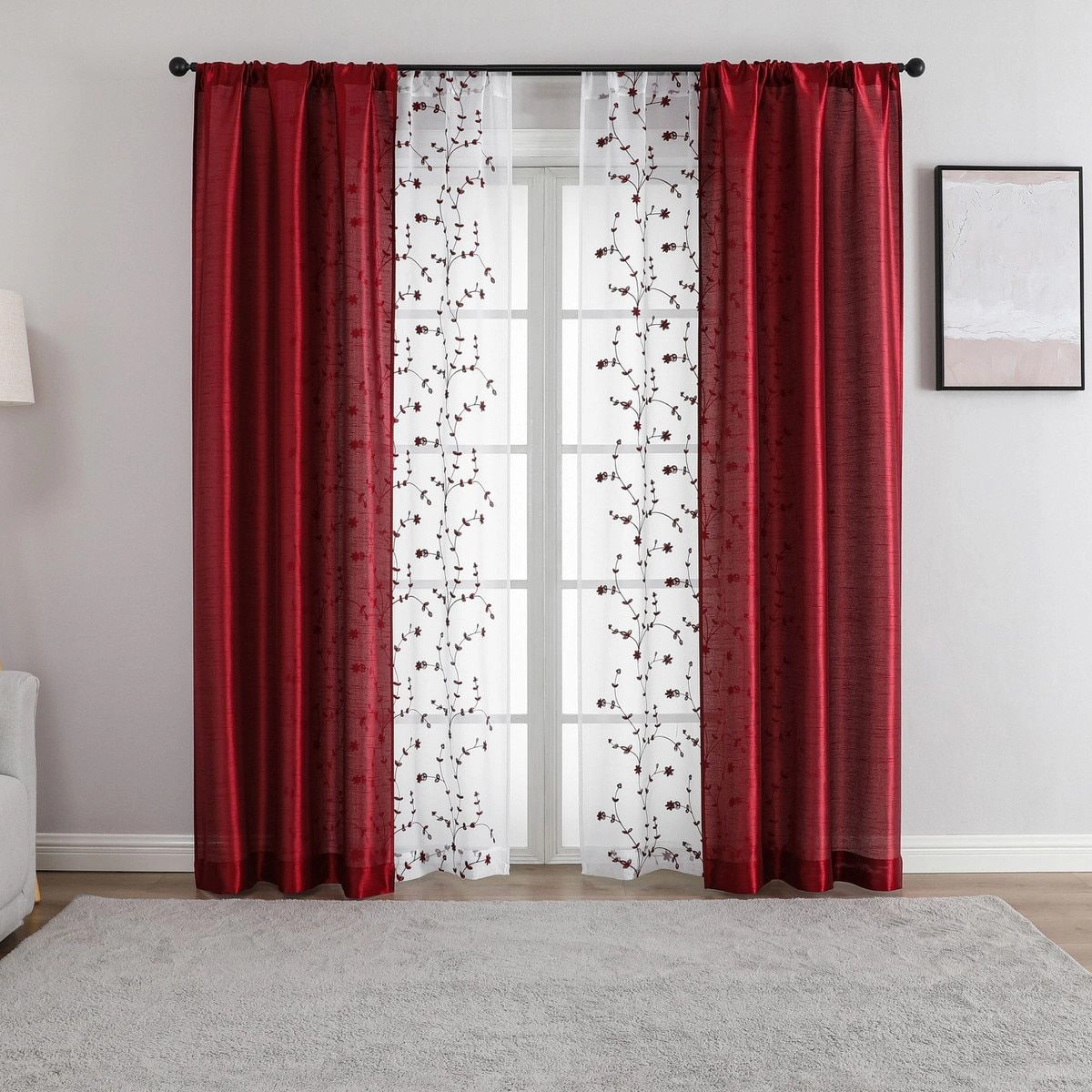 Kate Aurora Gloria Embroidered 6 Piece Rod Pocket Coordinating Sheer Window Curtain Panels