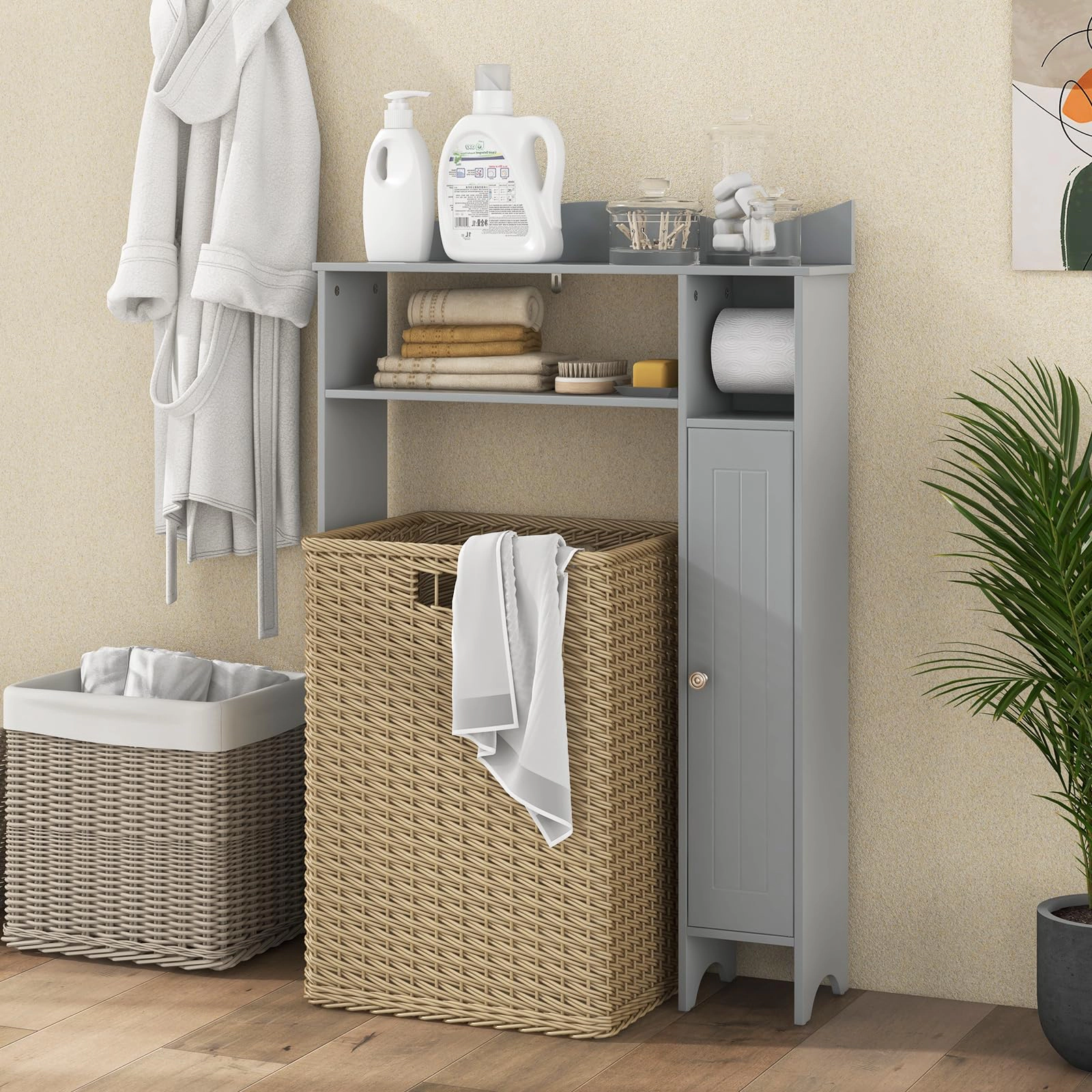 Glintex Over-the-Toilet Cabinet with Toilet Paper Holder and Protective Top Baffle, Gray