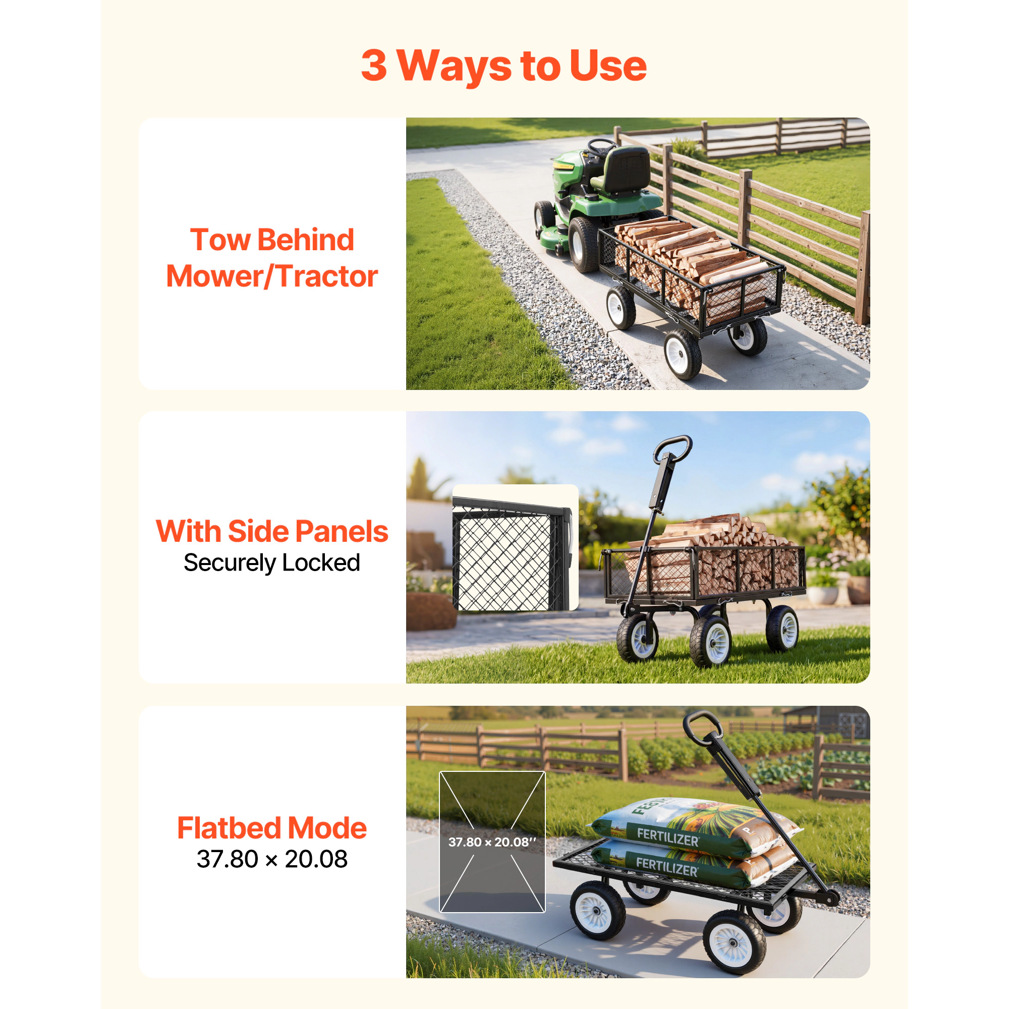 HONGGE Garden Cart 900 LBS Heavy Duty Steel Yard and Utility Wagon with 10-Inch Tires Outdoor Gardening Stool