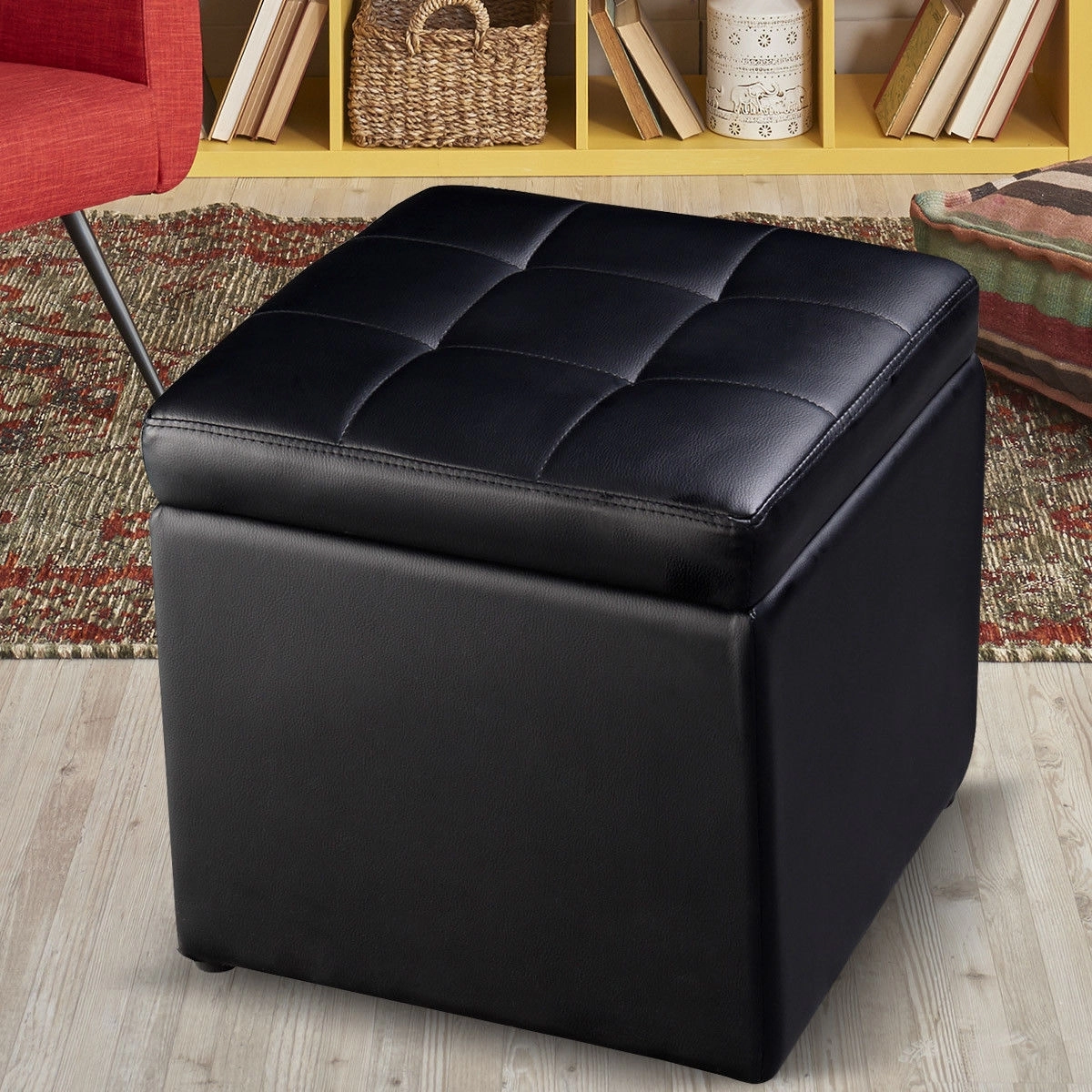 SUGIFT Foldable Faux Leather Cube Ottoman Pouffe Storage Seat 16-in Cube 330-lb Capacity Brown Black