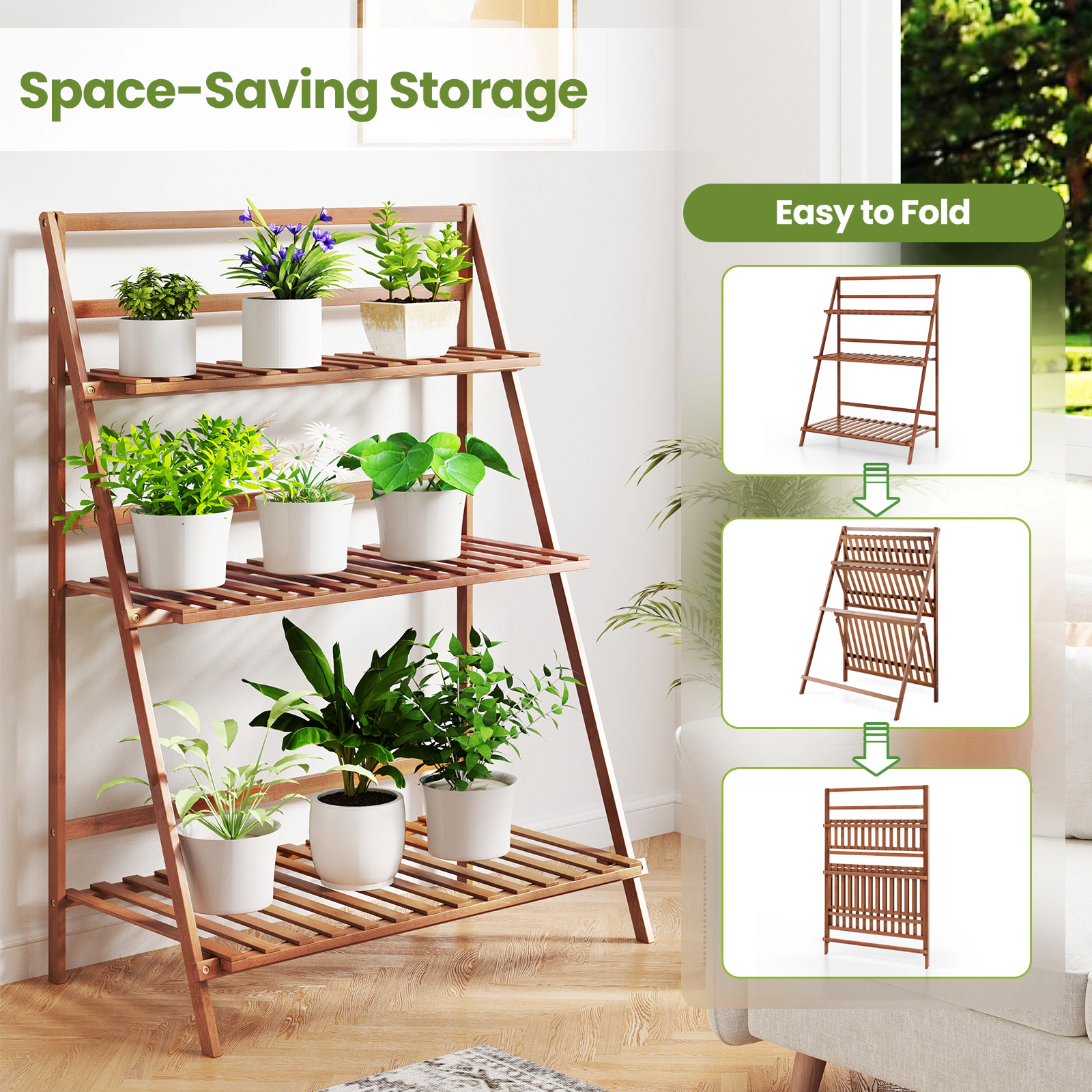 SUGIFT Brown 3-Tier 28-in Foldable Bamboo Ladder Shelf Plant Stand Flower Rack and Bookshelf for Indoor