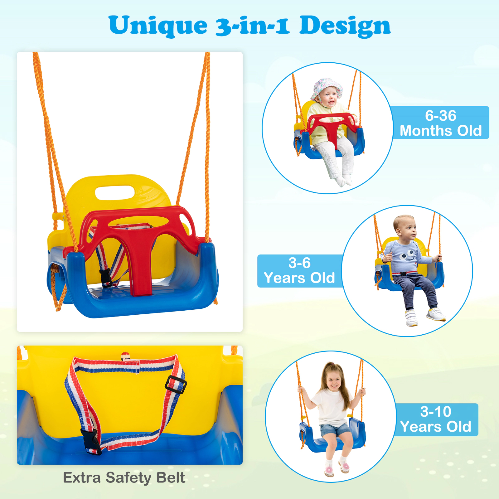 SUGIFT Kids Yellow Metal Swing Set with 3 Swings and Ground Stakes 11.5-ft W 6-ft D 6.4-ft H 660-lb Frame Capacity