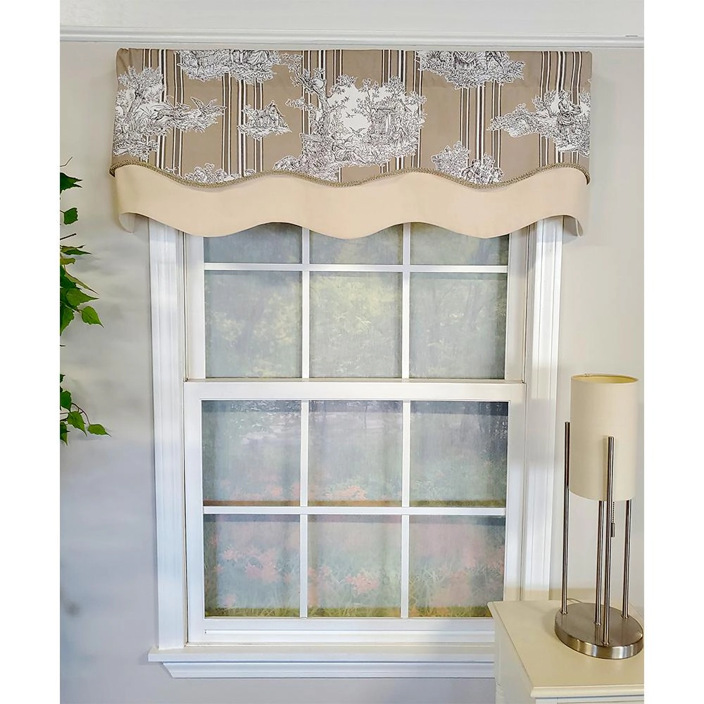 RLF Home French Tableau Classic Toile Stripe and Solid Fabric Gimp Trim Ivory Lining  Glory Valance 50" X 16" Camel