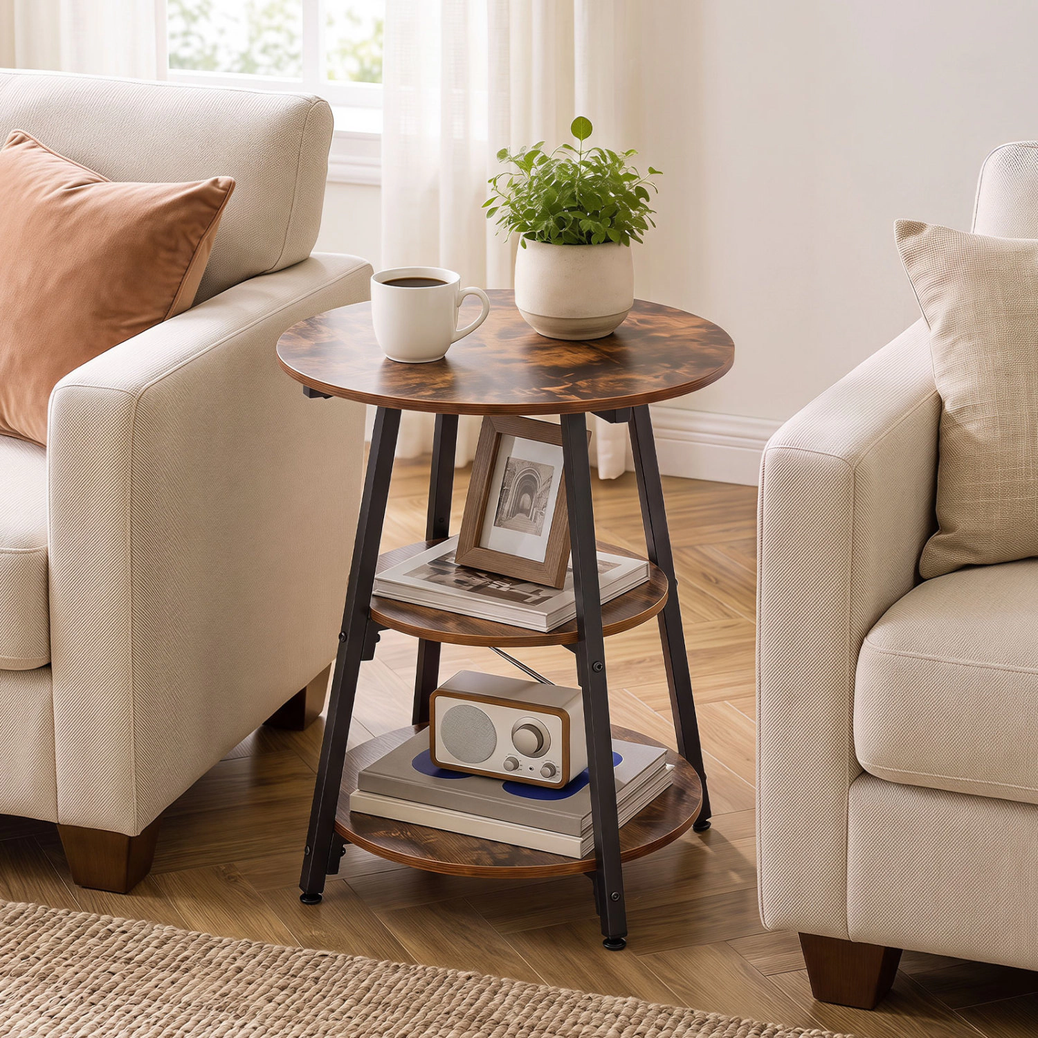 LJG Set of Industrial Side Tables with 3-Tier Shelves & Metal Frame for Small Space