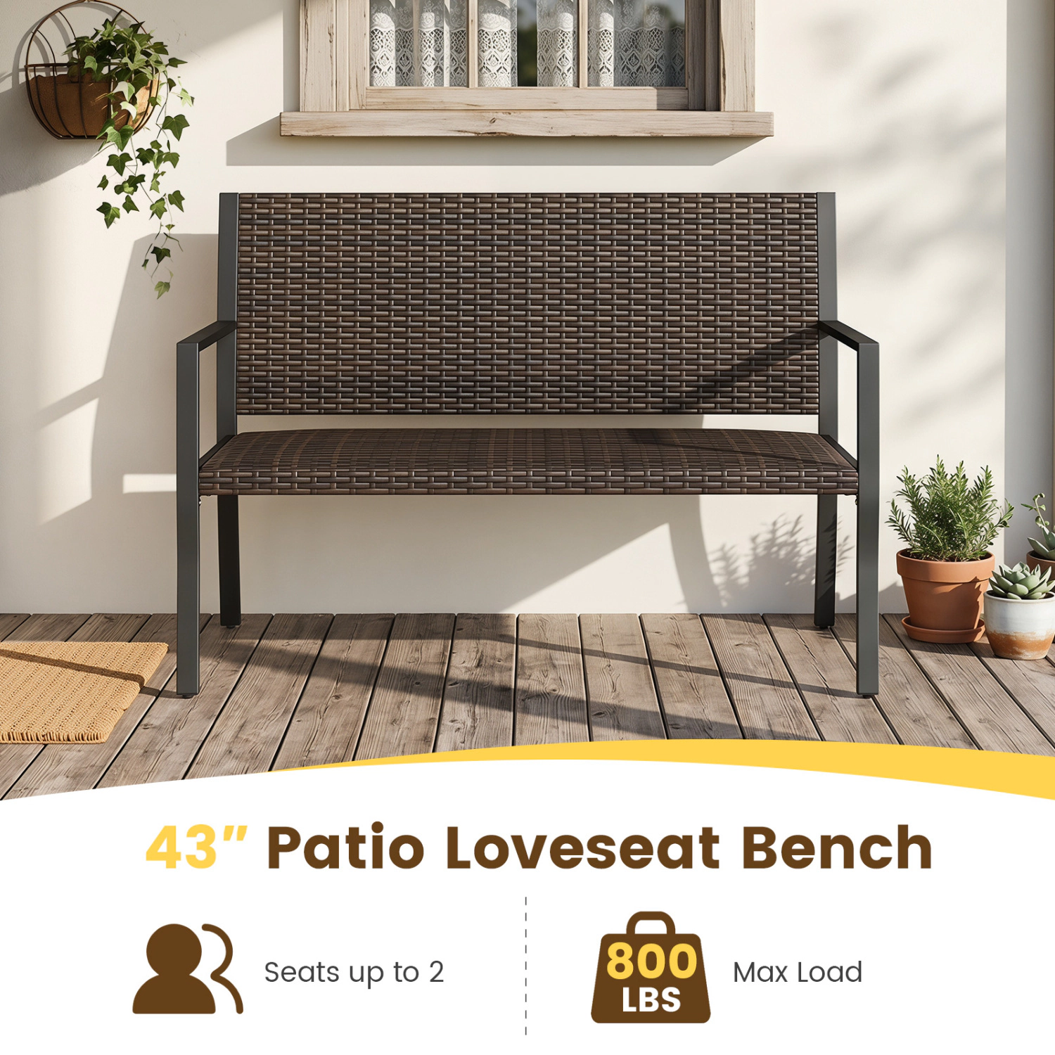 LJG Patio Sun-Proof Rattan Loveseat with Soft Sponge Seat