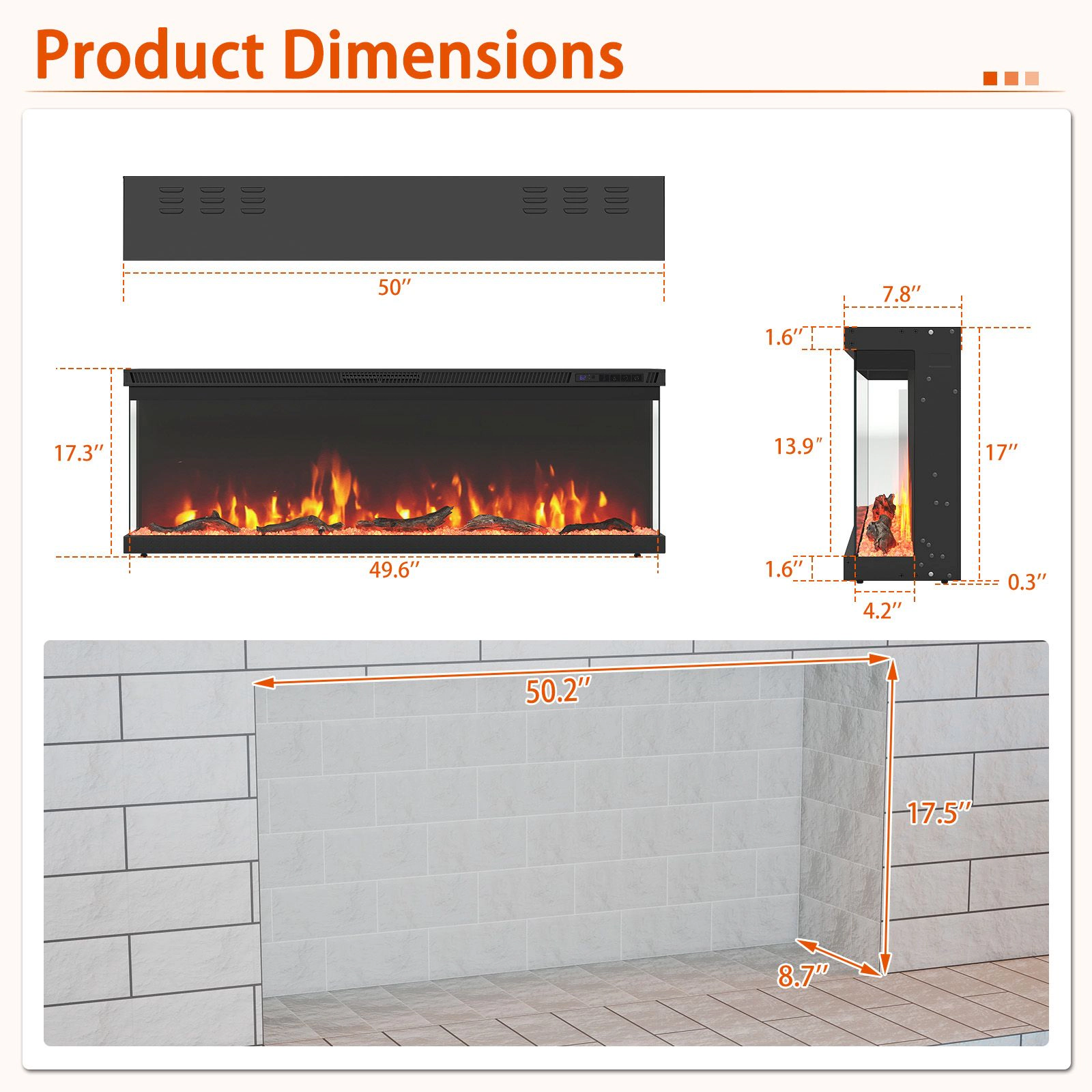 SlickBlue Wall Mounted Recessed Electric Fireplace Heater with LED Flames