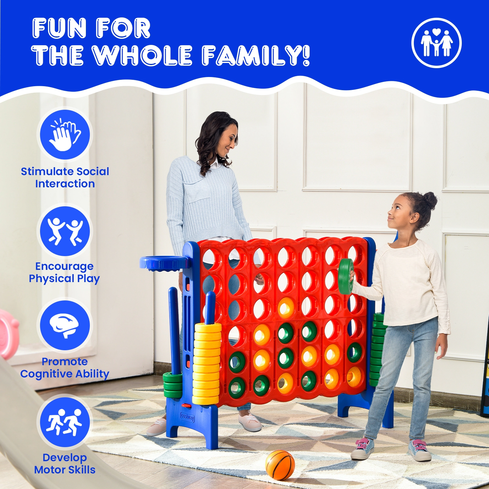 SUGIFT 3-in-1 Giant 4-to-Score Game Set with Basketball Hoop and Ring Toss Combo Game Blue Green Red Orange