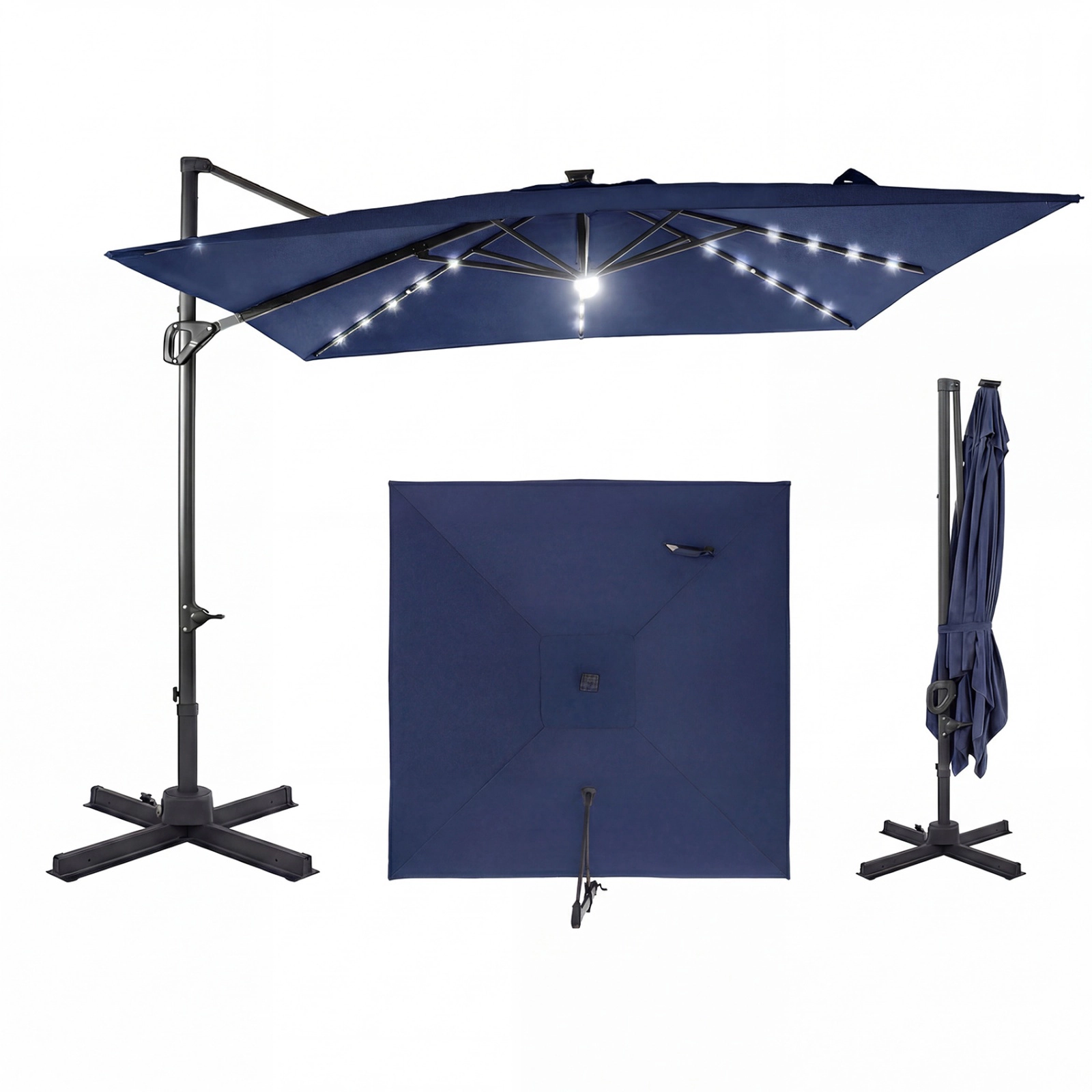 SUGIFT 10-ft Cantilever Patio Umbrella with Solar LED Lights and 2-Tier Vented Canopy for Pool and Garden Navy Blue
