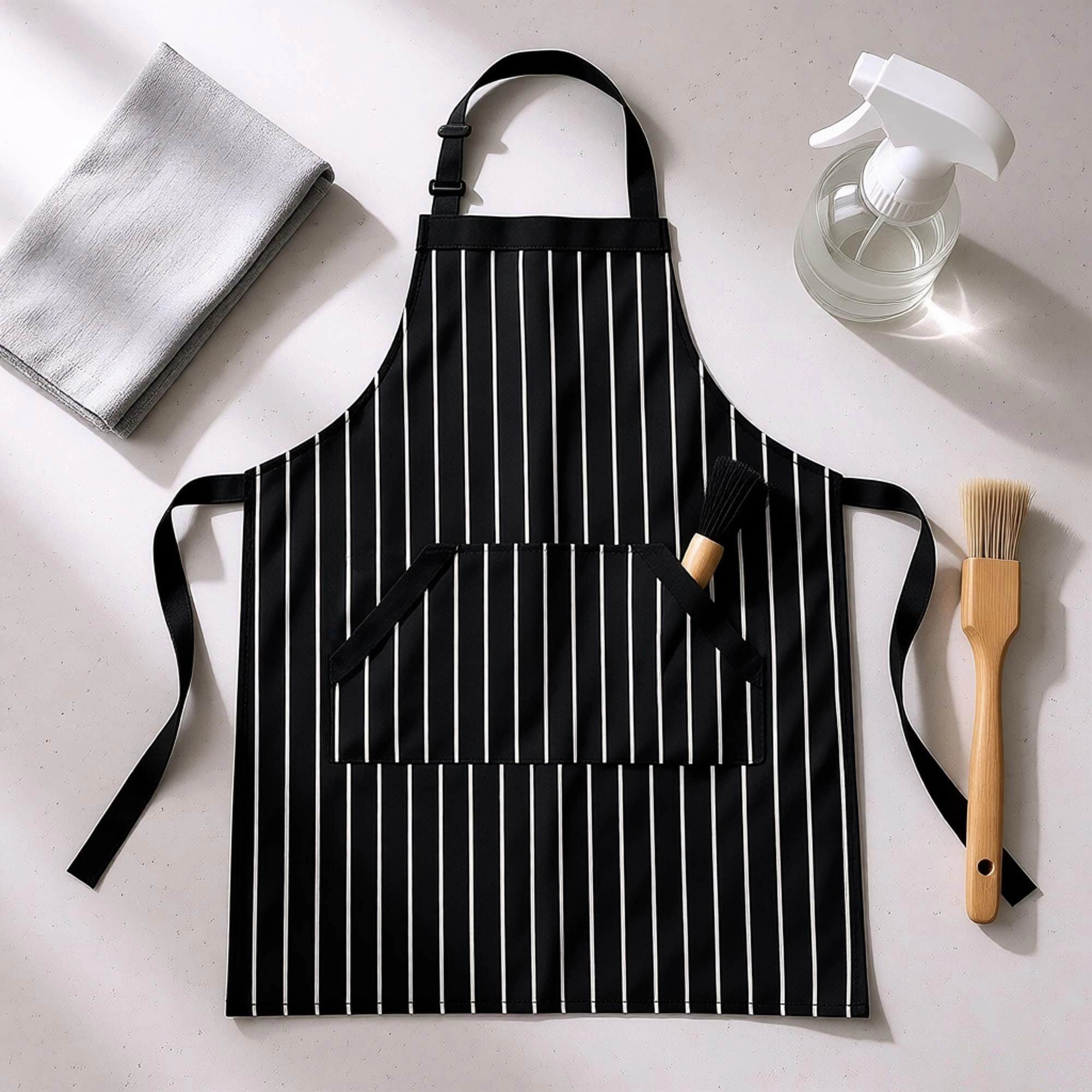 Alilang Women Striped Kitchen Apron Cotton Blend Adjustable Neck with Pockets Chef Cooking Server