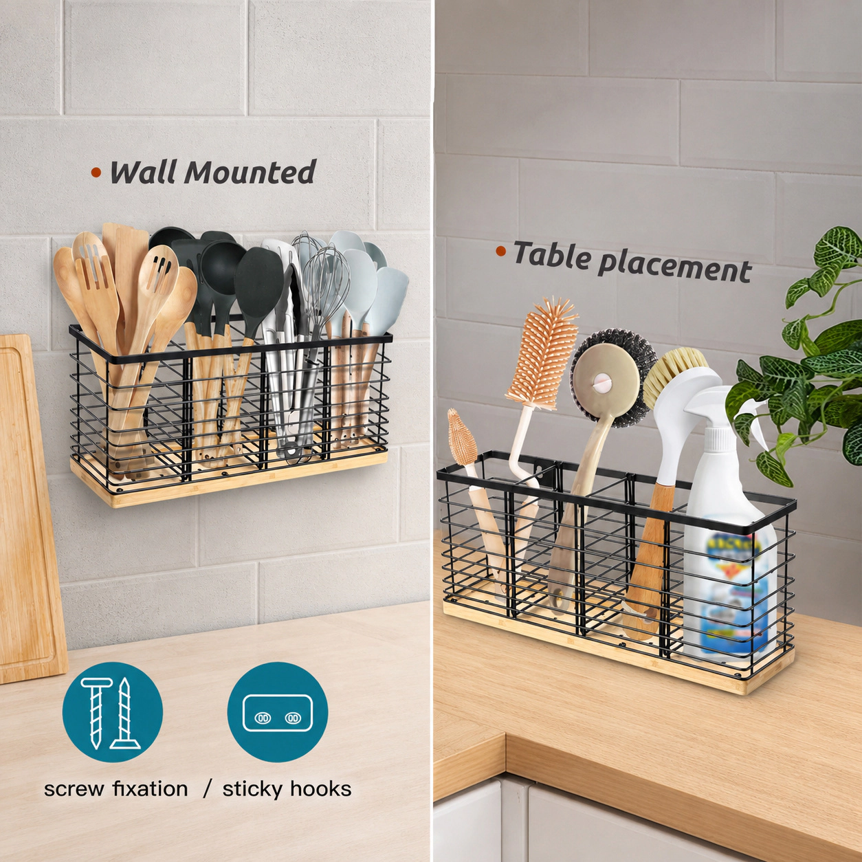 WZK Extra Large Wall Mounted Farmhouse Removable Divider Kitchen Utensil Holder