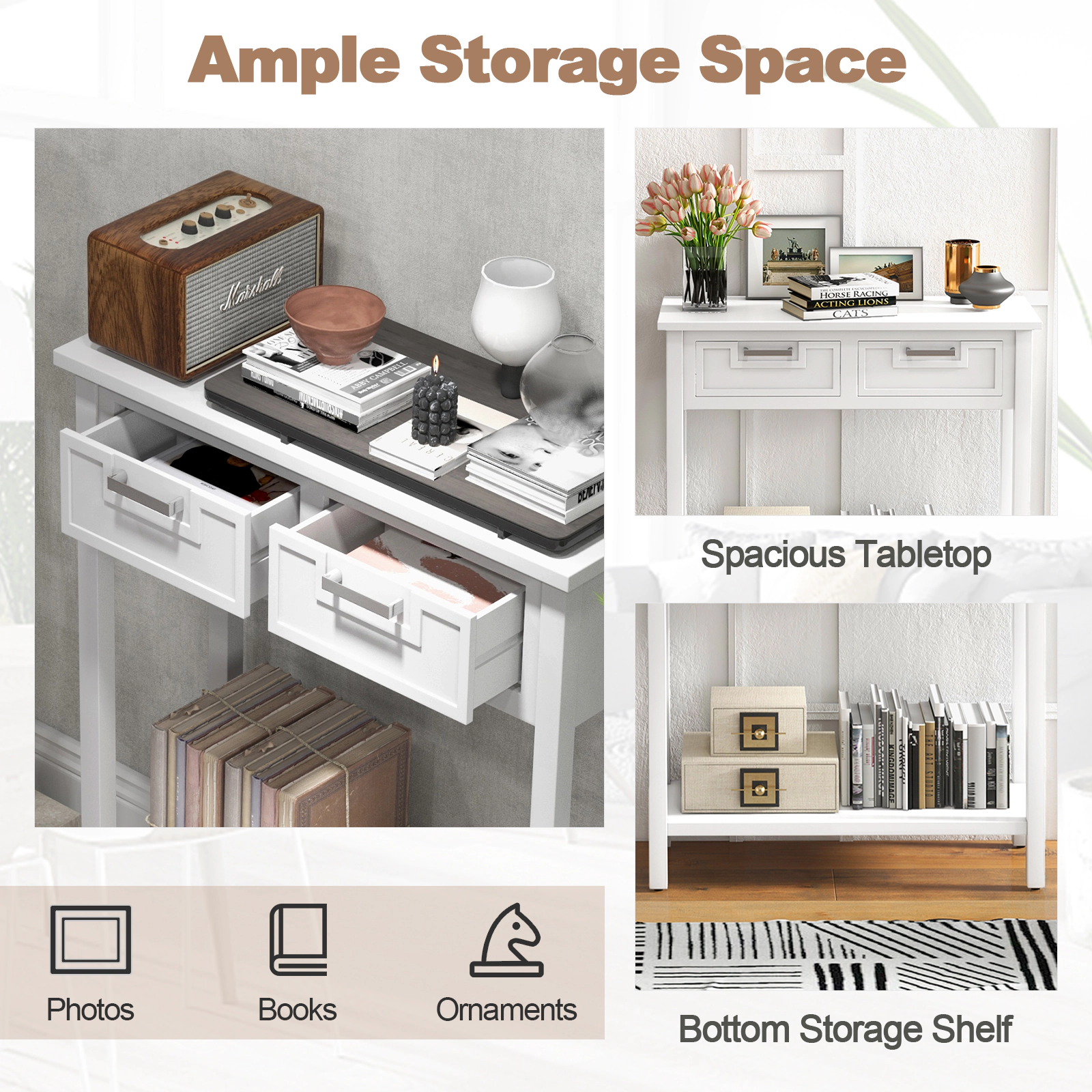 SUGIFT Narrow Console Table with Drawers and Open Storage Shelf 110-lb Tabletop Capacity White