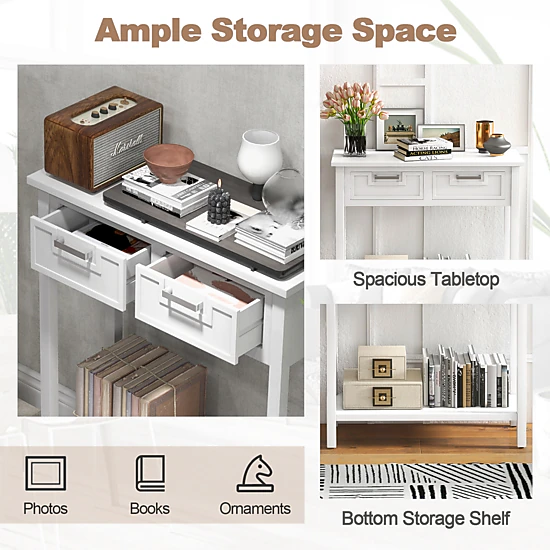 SUGIFT Narrow Console Table with Drawers and Open Storage Shelf 110-lb Tabletop Capacity White