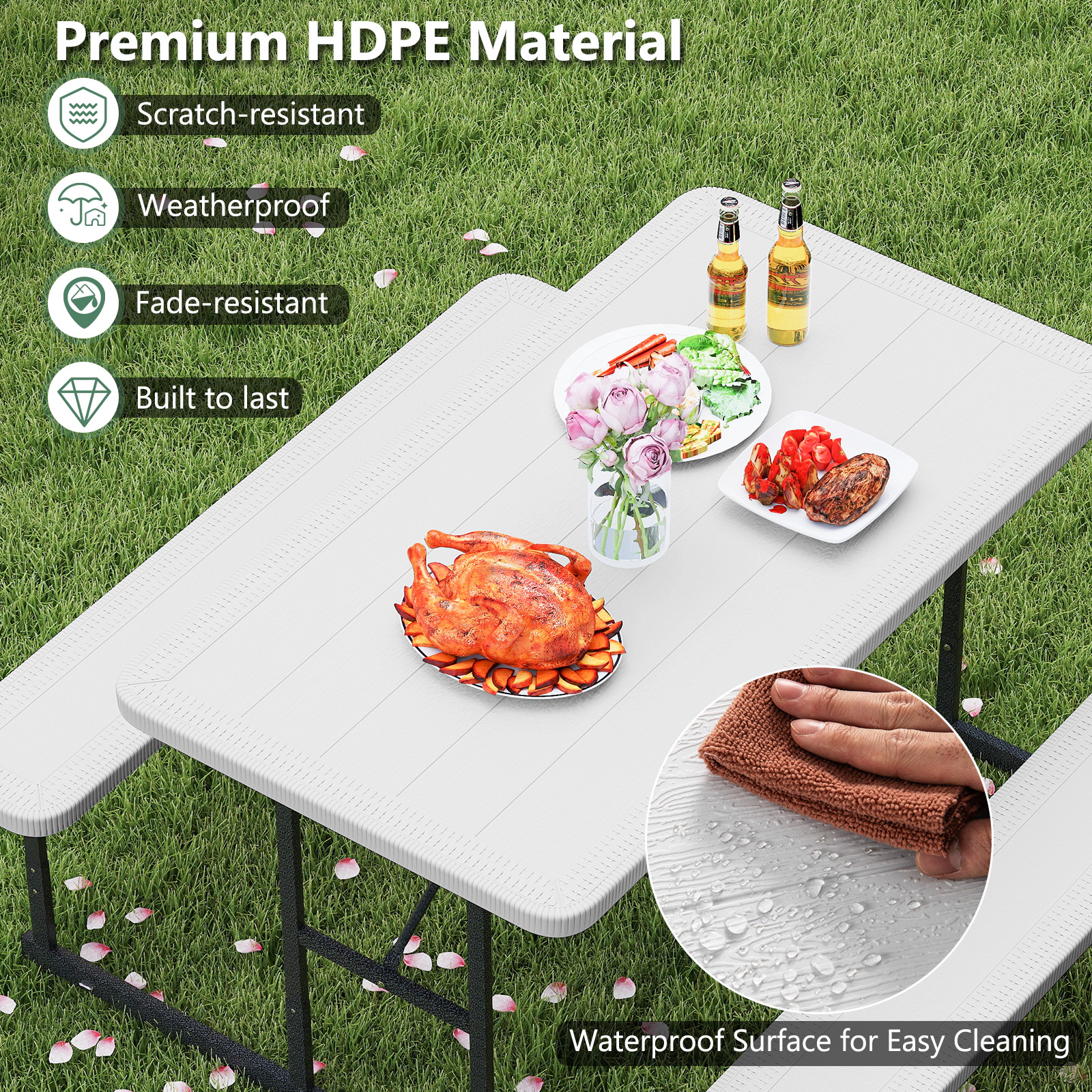 SUGIFT Picnic Table Bench Set White HDPE Rectangular Camping Dining Table for 2-4 People