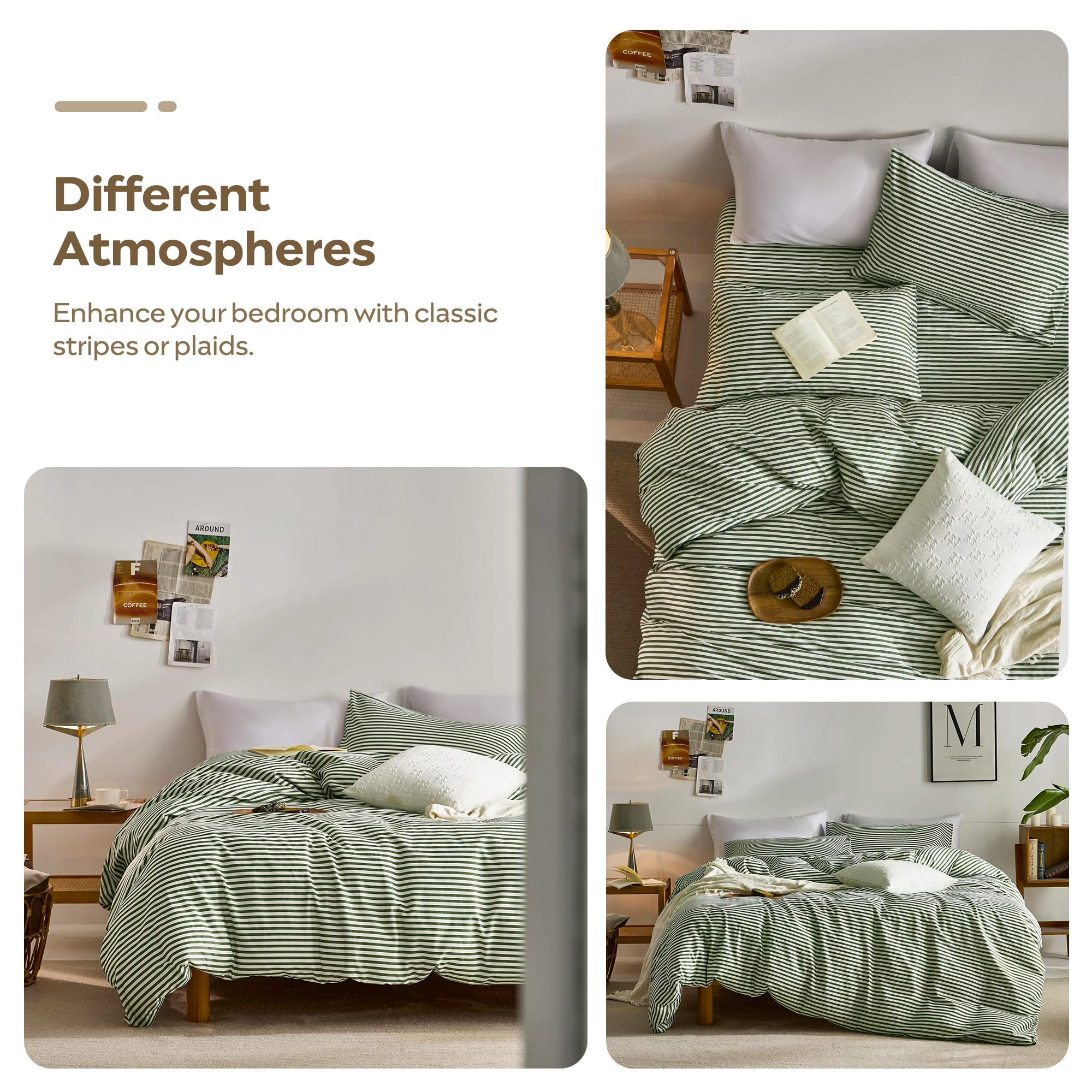 PUPWE Ton Printed Striped Queen Duvet Cover Set  Green