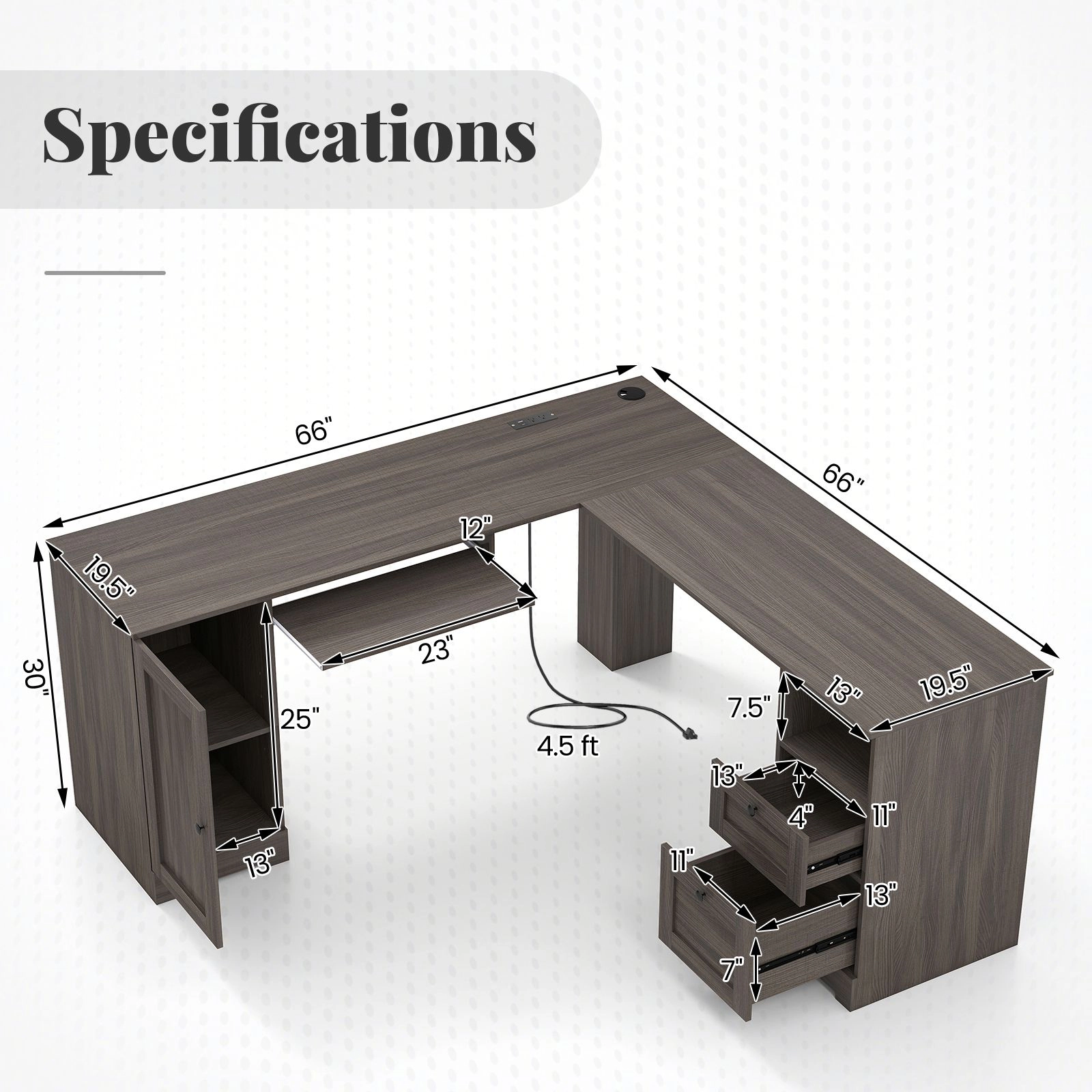 SlickBlue L-Shaped Computer Desk With Cabinet & Charging Station