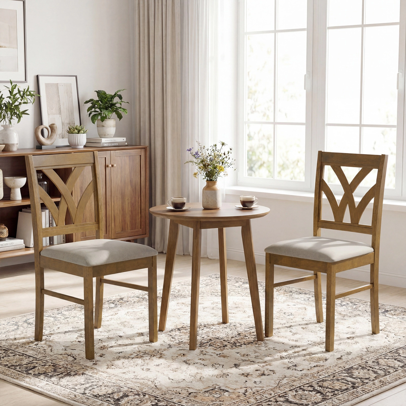 SUGIFT Set of 2 Wooden Dining Chairs with Upholstered Hollowed Backrest 330-lb Capacity Oak + Beige