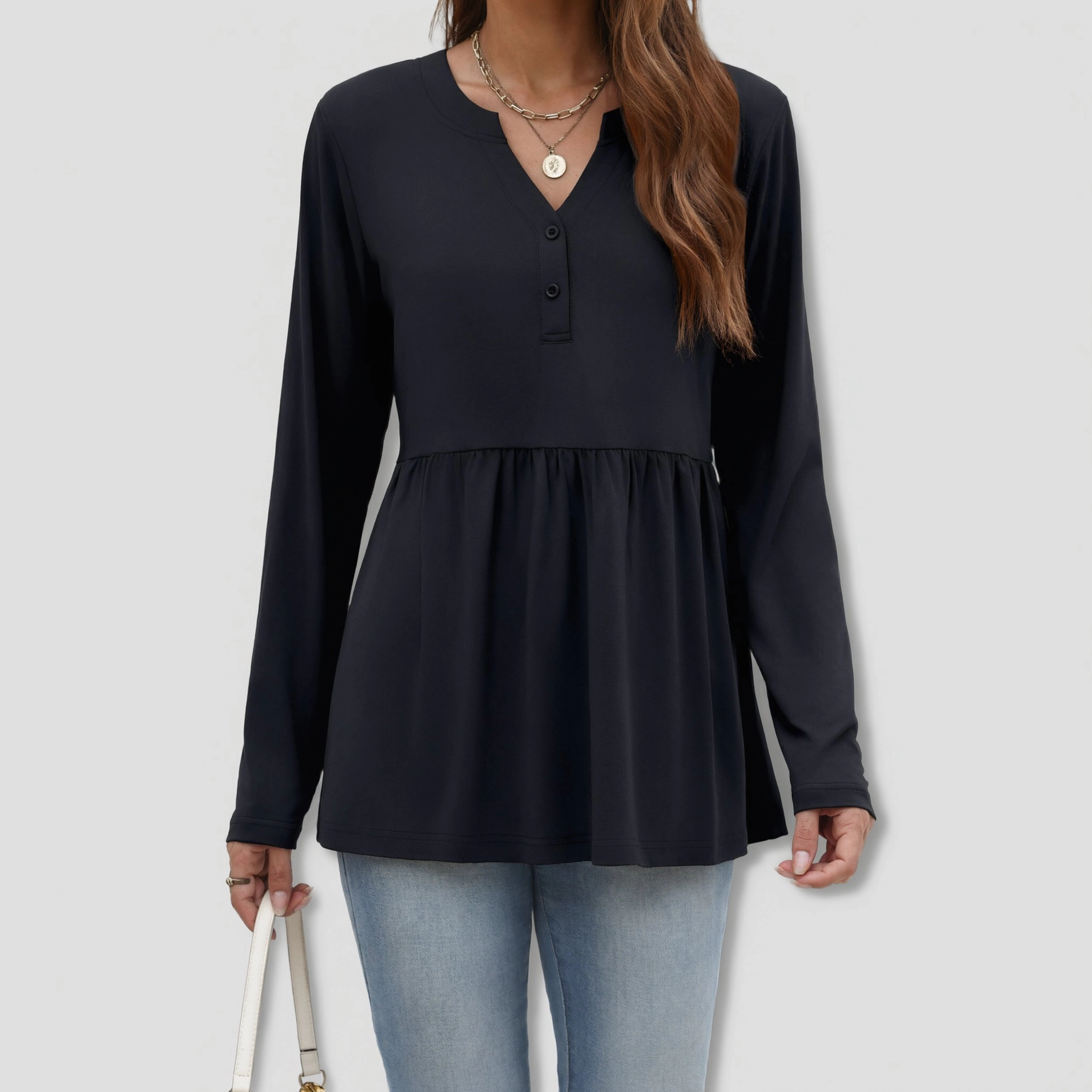 Zeagoo Women's Notched Henley Two Button Babydoll Gathered Waist Long Sleeve Knit Pullover