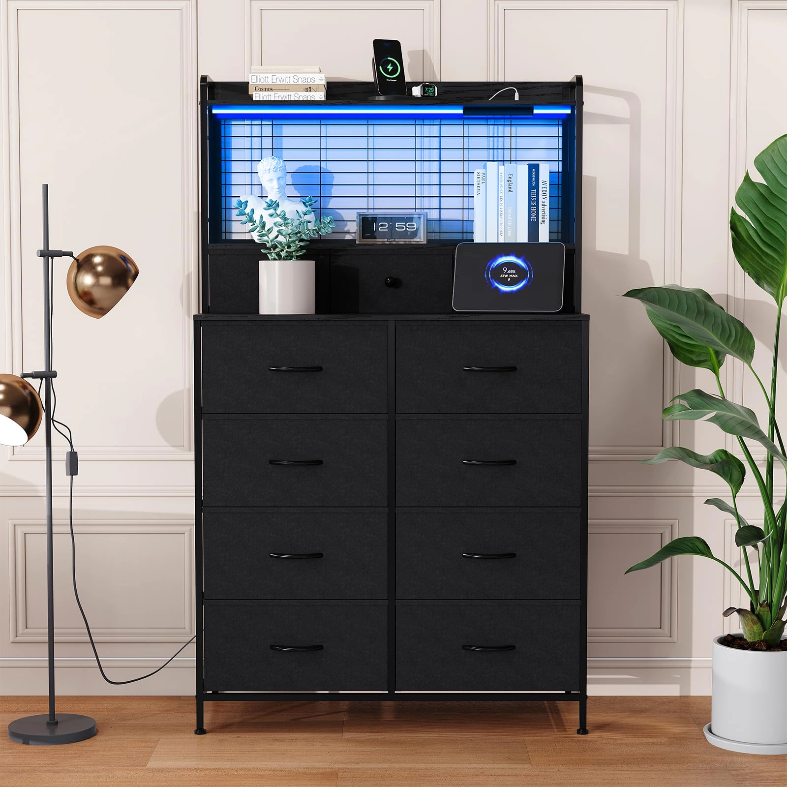 11 Drawer Fabric Dresser with Wireless Charging, App-Controlled RGB LED Lights & Open Shelf