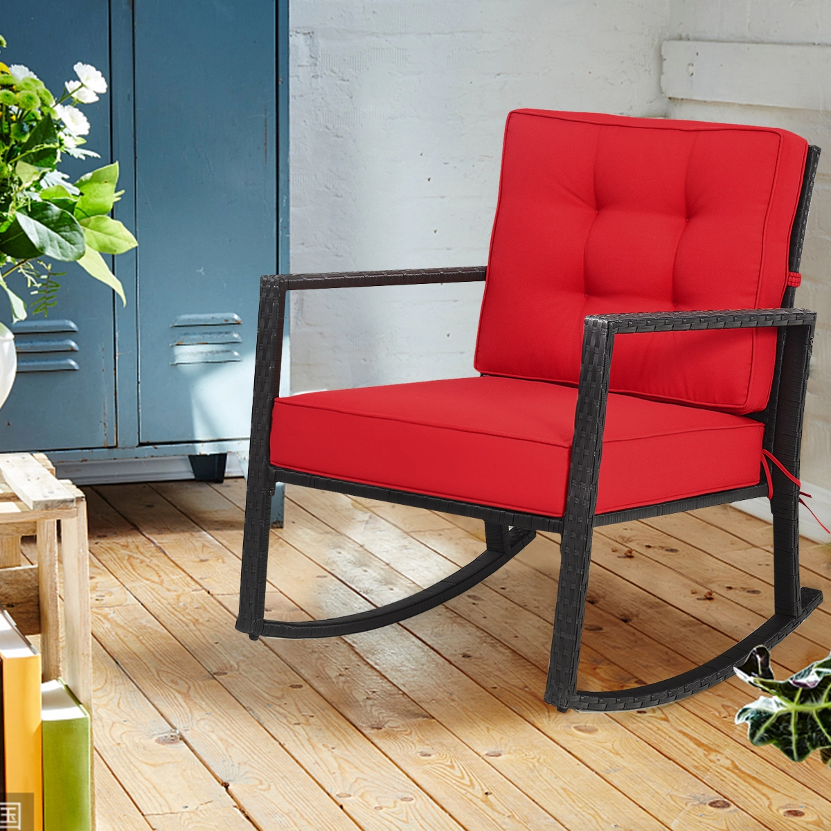 SUGIFT Patio Rattan Outdoor Rocking Glider Chair with Cushions 360-Lb Capacity 20-in Seat Height Single Chair Red