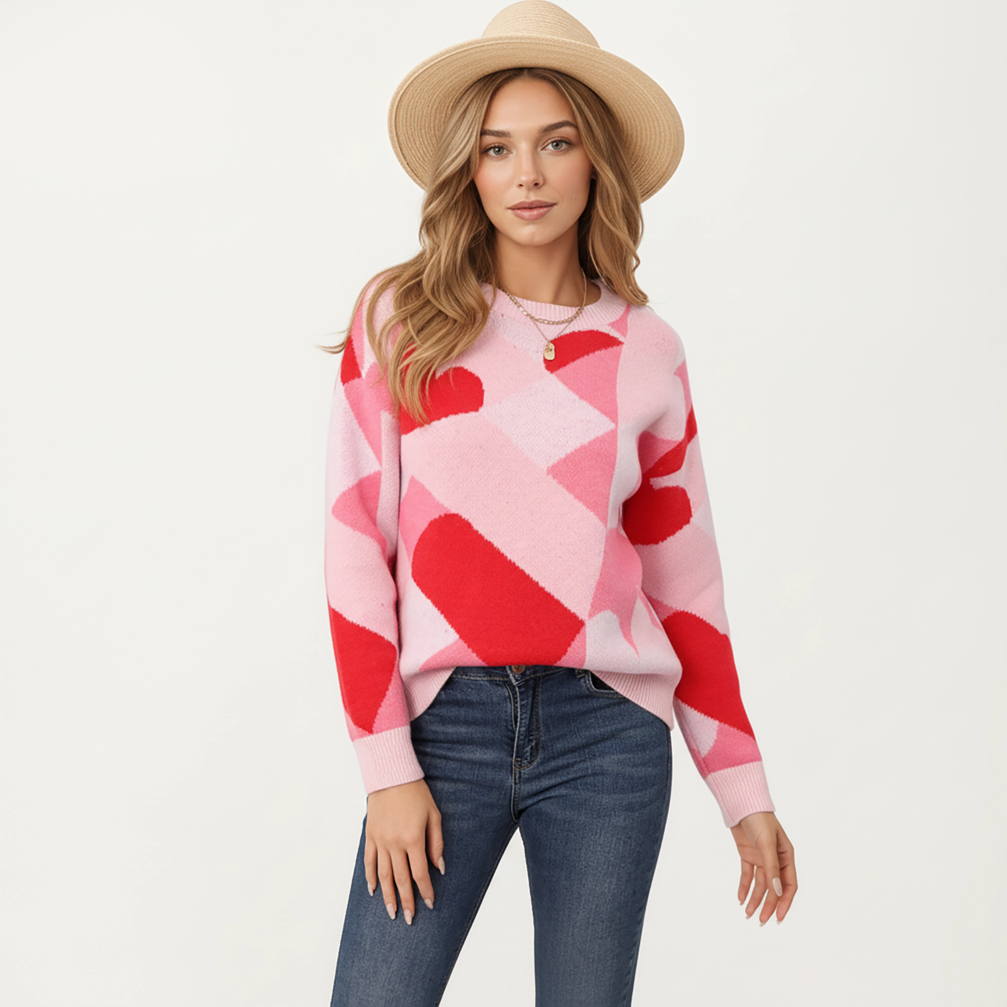 Anna-Kaci Women's Abstract Valentine Heart Pattern Knit Sweater with Textured Feel and Comfortable Relaxed Everyday Fit