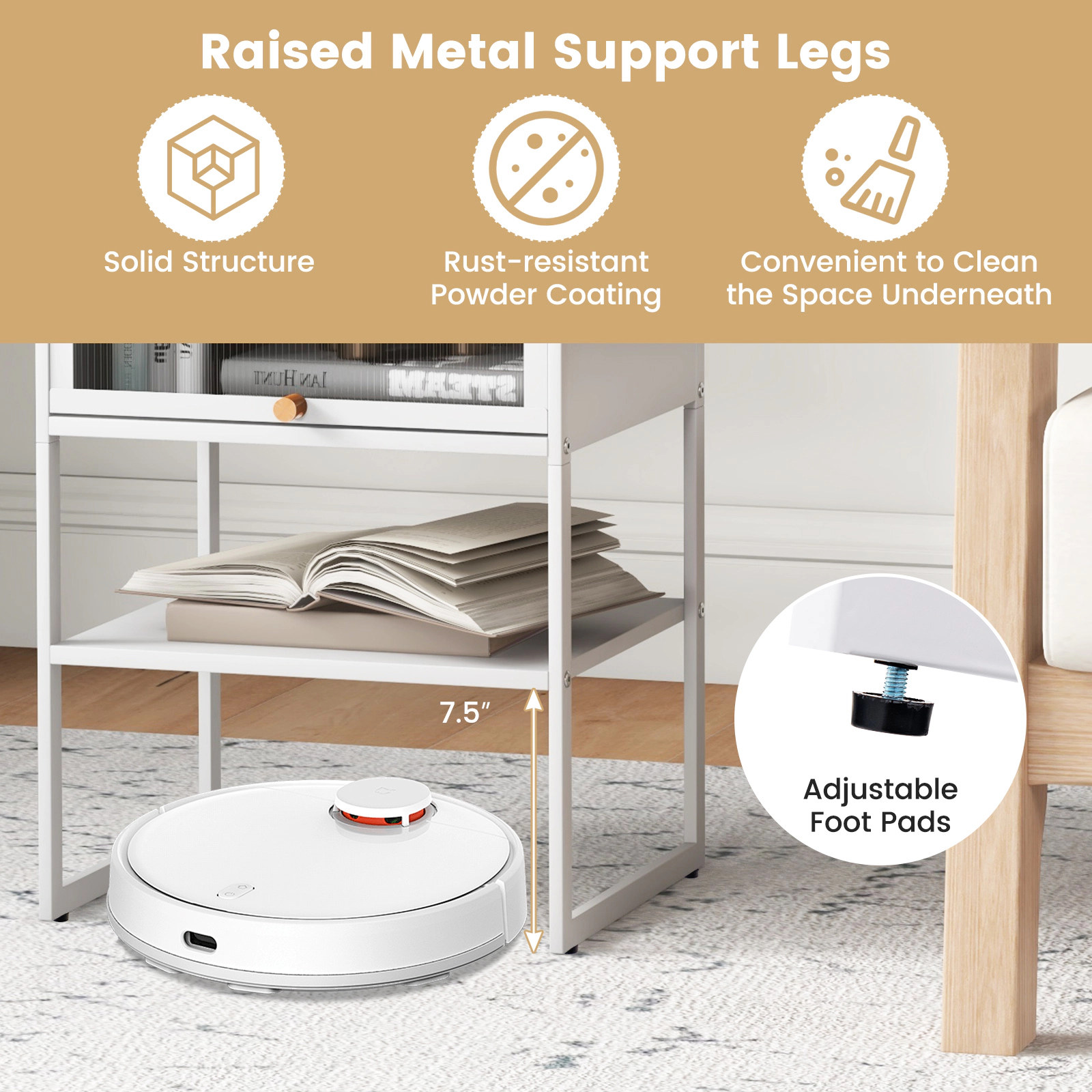 Glintex 3-Tier Nightstand with Flip-Up PC Door and Magnetic Catch, White
