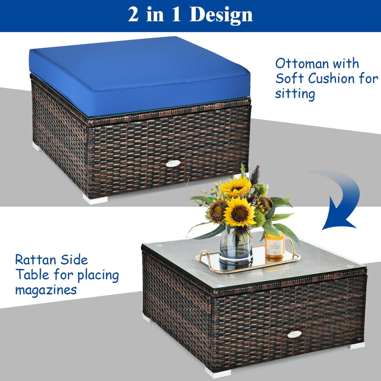 SUGIFT 6 Piece Patio Rattan Furniture Set Blue Sectional Sofa with Ottoman and Cushions