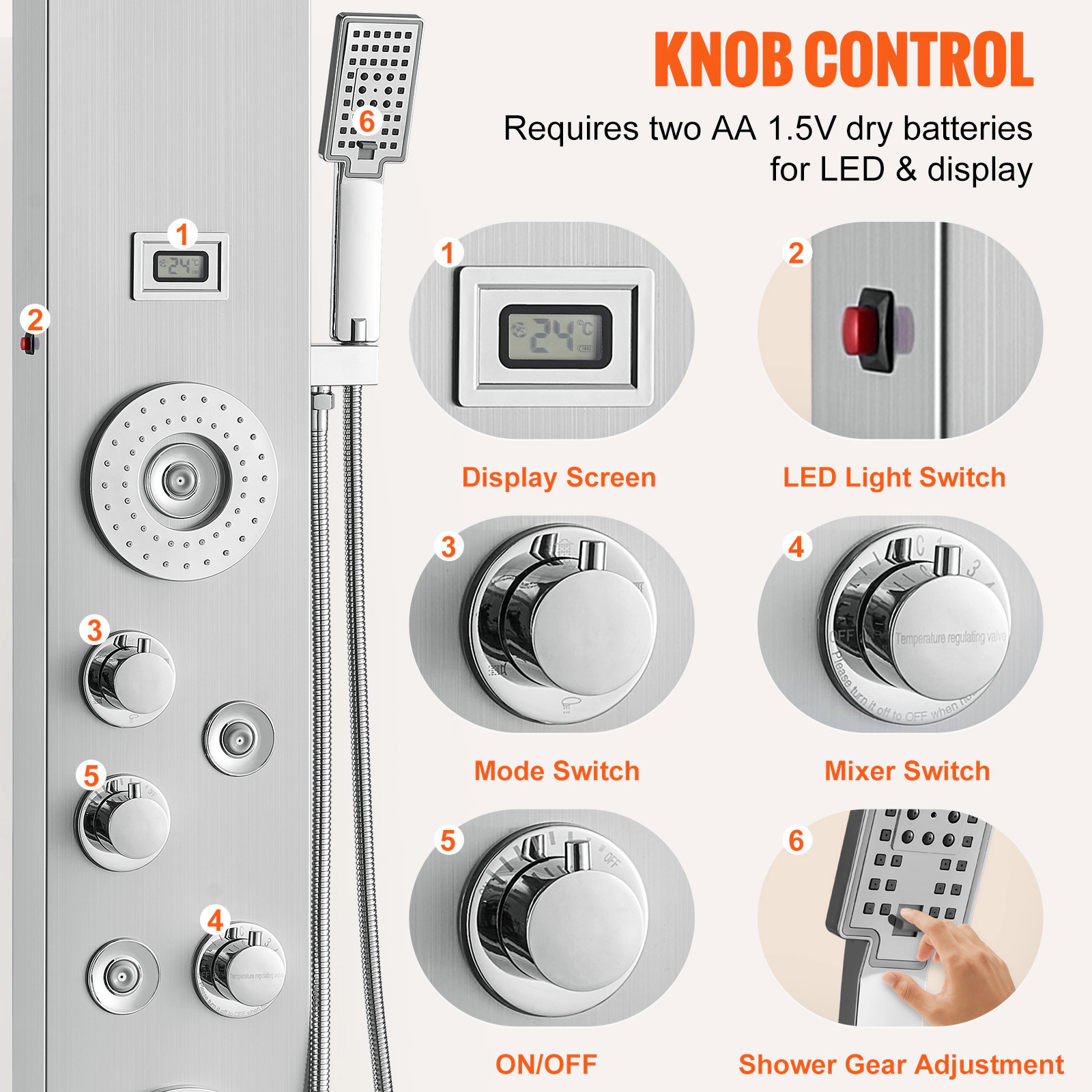 HONGGE 6-Mode Shower Tower Panel, LED & Digital Display, Rainfall, Waterfall, 4 Body Massage Jets