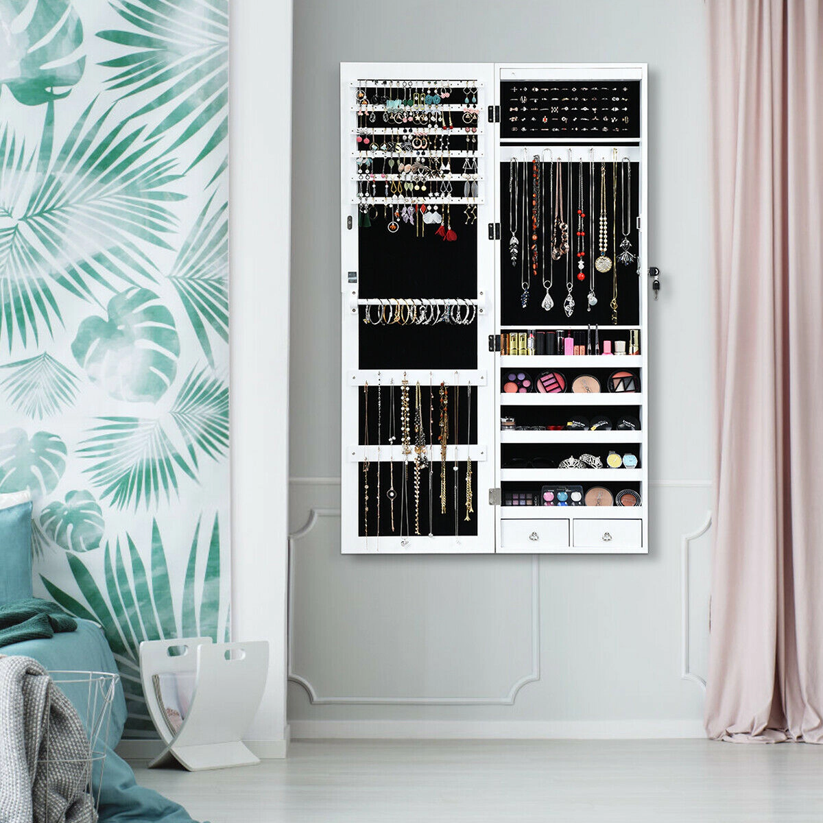 Slickblue 56.5 Inch Wall Mounted Lockable Jewelry Cabinet with Full-Length Mirror and LED Lights