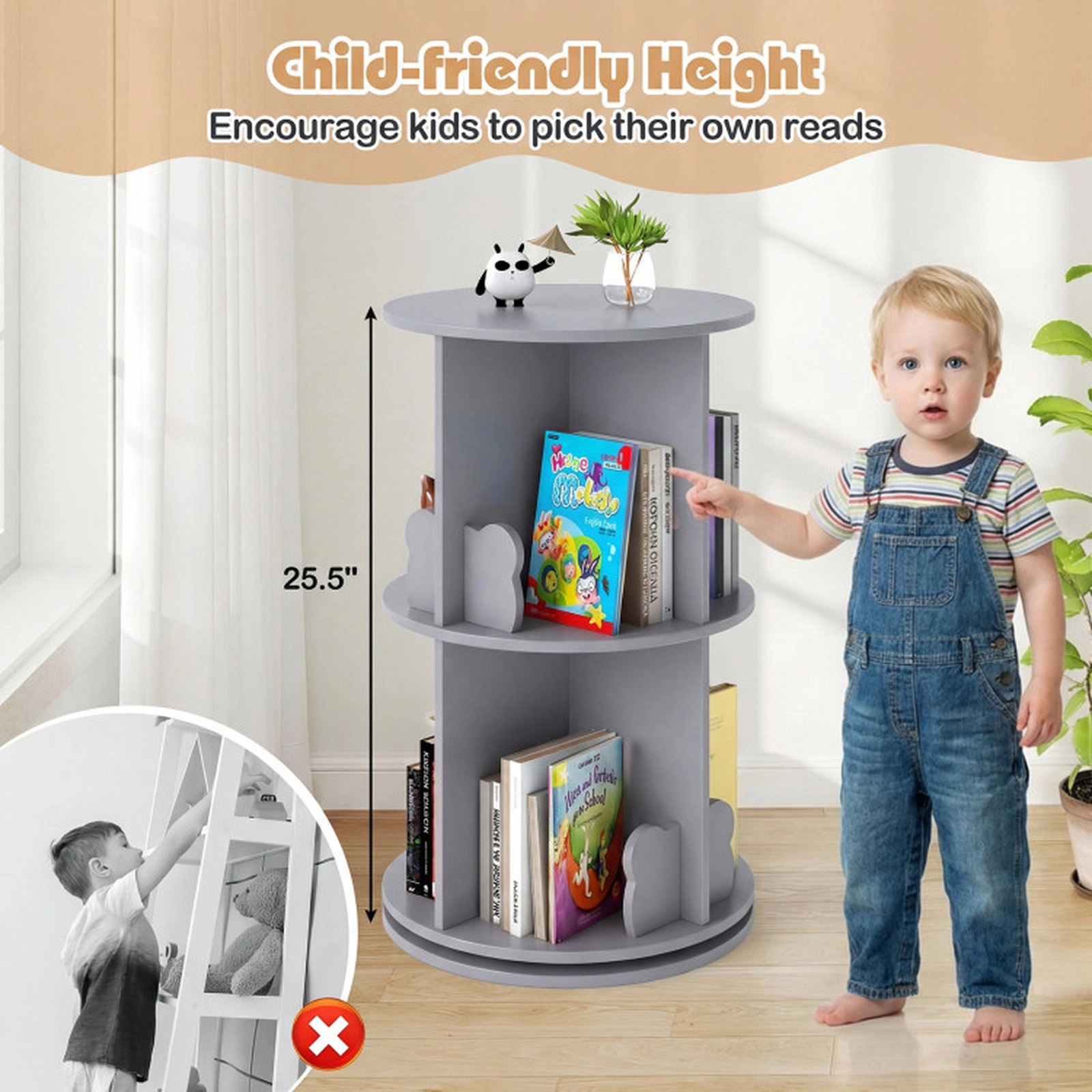 SUGIFT 2 Tier Freestanding Kids Rotating Bookshelf Storage Rack Toy Organizer 33-lb Capacity Coffee 8 Compartments