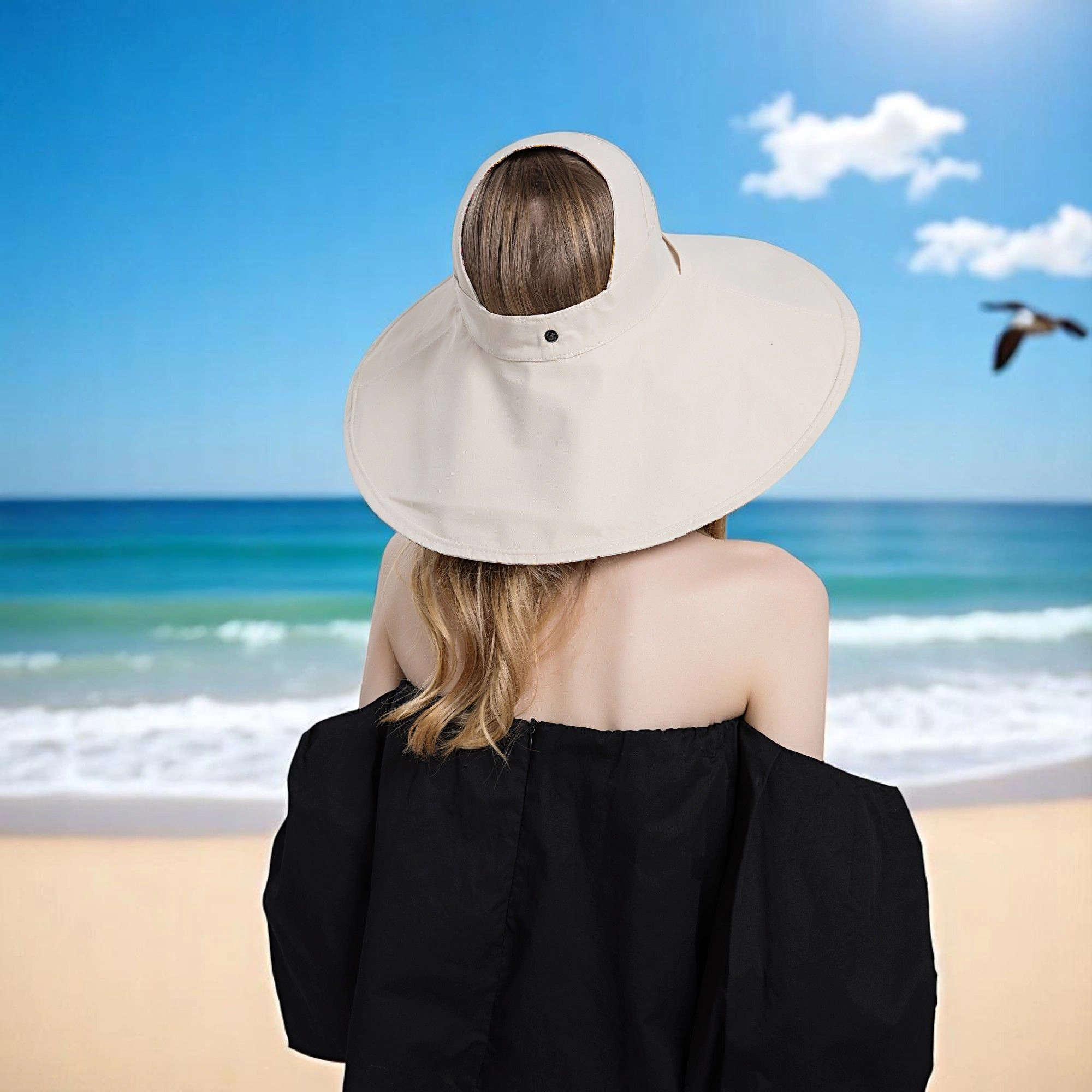 Anna-Kaci Women's Wide Brim Sun Hat with Ponytail Hole Neck Tie Closure and Patterned Lining
