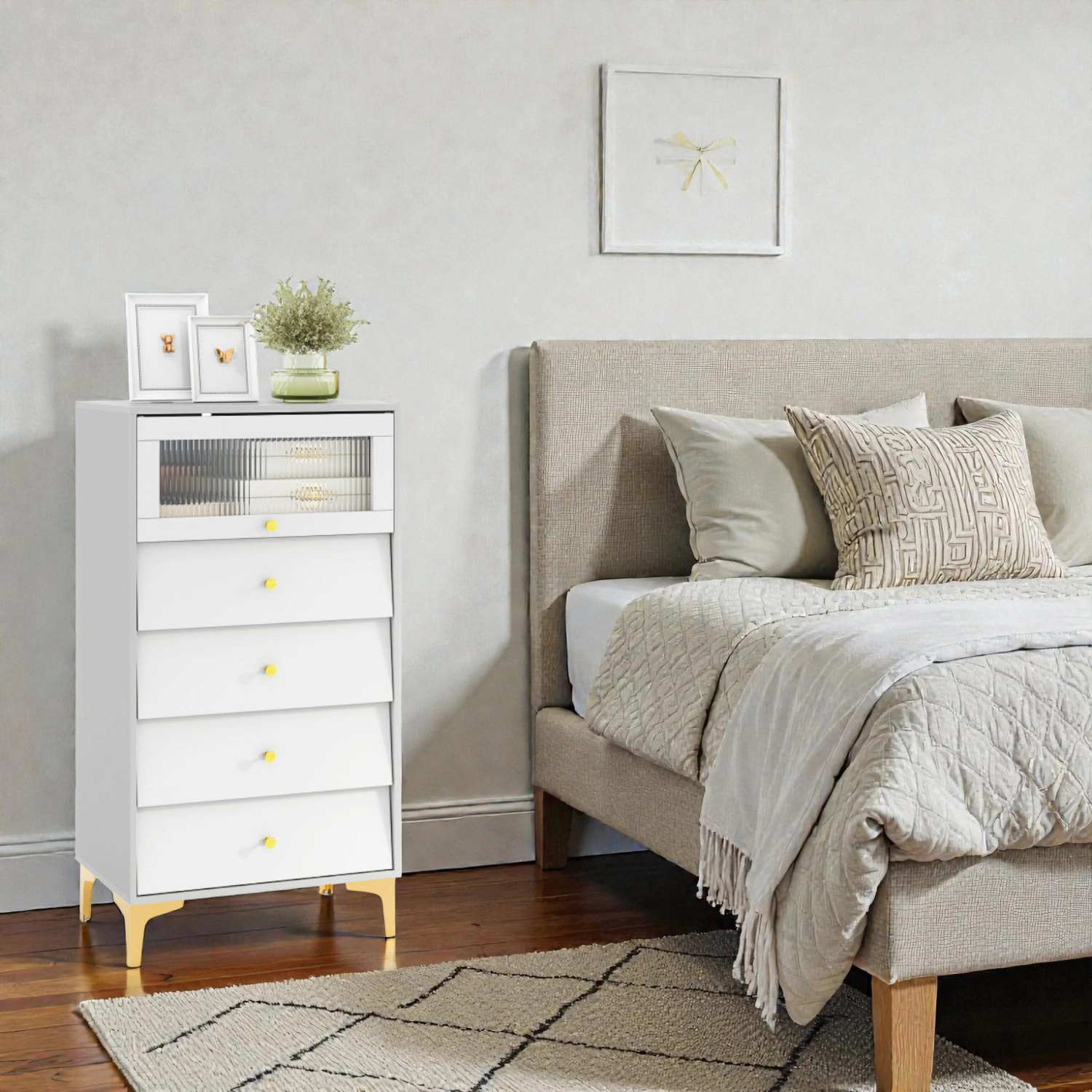Hivvago Modern 4-Drawer Cabinet with Flip-Up Ribbed Glass Door