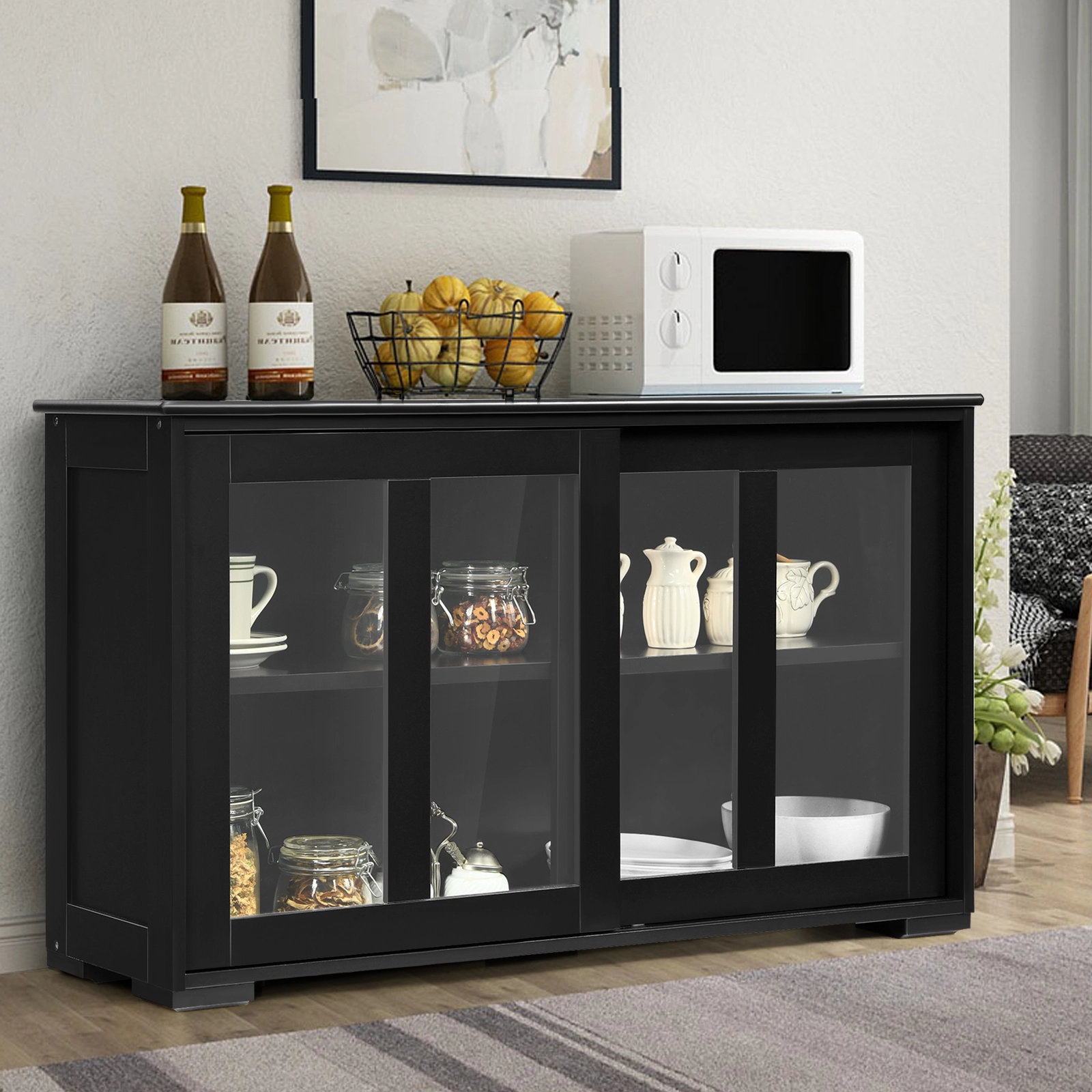 SUGIFT Painted MDF Kitchen Storage Cabinet with Sliding Tempered Glass Doors 24.5-in Tall Black