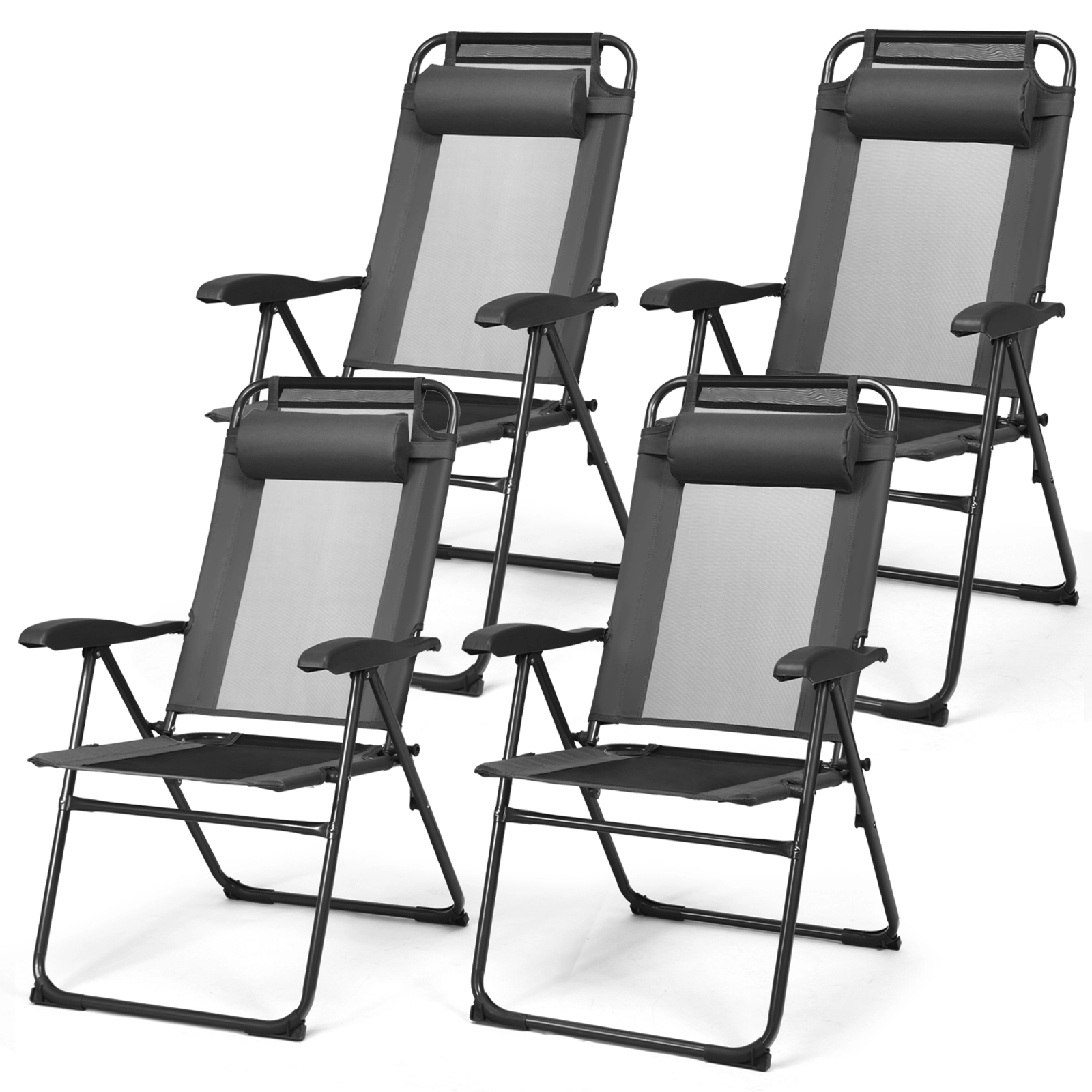 SUGIFT Set of 2 Folding Recliner Chairs Gray with 7 Level Adjustable Backrest and Mesh Panel