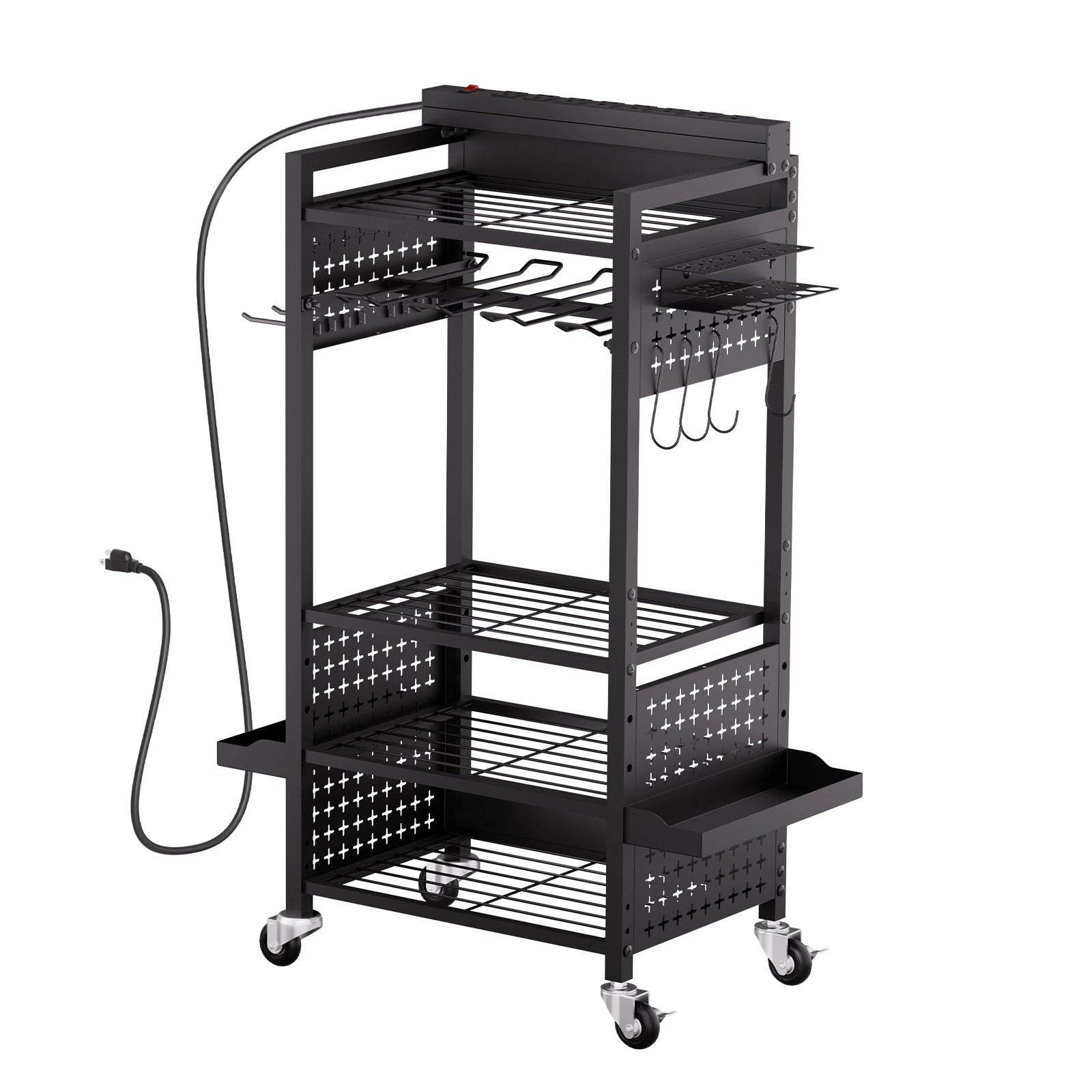HONGGE Tool Organizer Cart with Charging Station 8 AC Outlet Floor Stand Rolling Drill Holder and Tool Battery Storage
