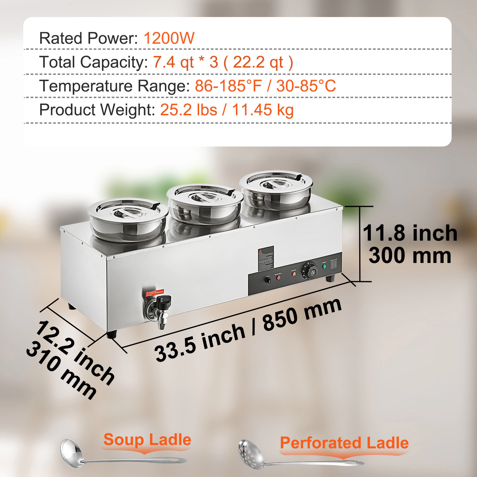 HONGGE Electric Soup Warmer 7.4QT Stainless Steel Round Pot Commercial Food Warmer 86~185°F Adjustable Temp Bain Marie