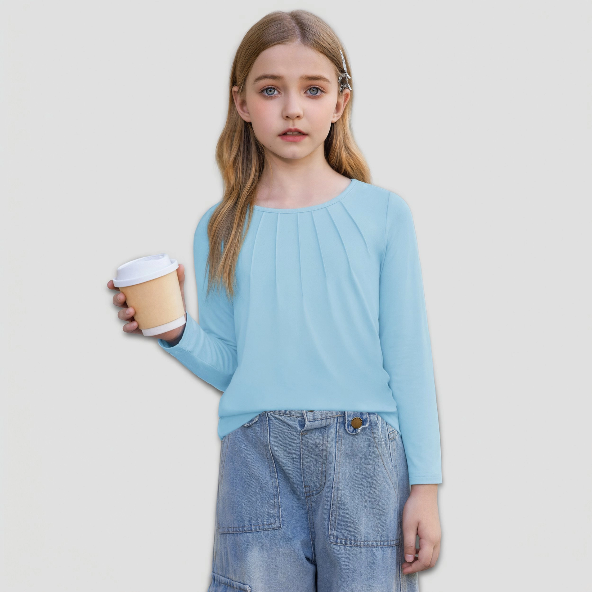 Arshiner Girls Long Sleeve Tops Dressy Pleated Round Neck Tunic Blouses Casual Loose Shirts