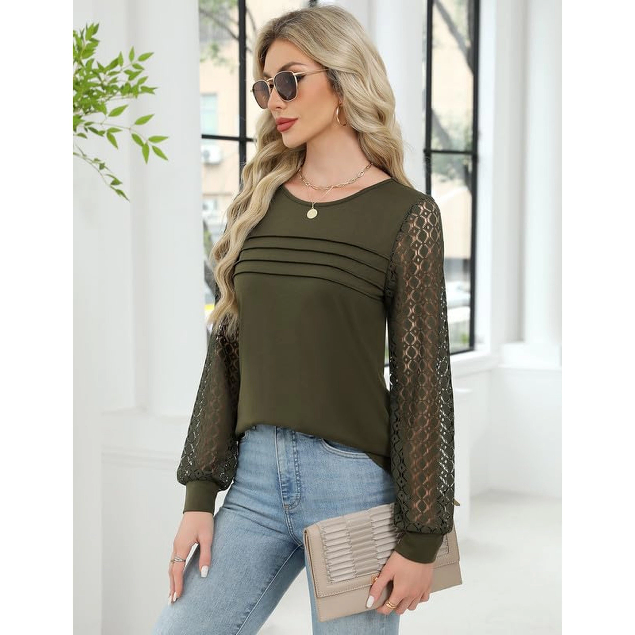 Zeagoo Women's Plus Long Sleeve Crewneck Pleated Loose Tunic