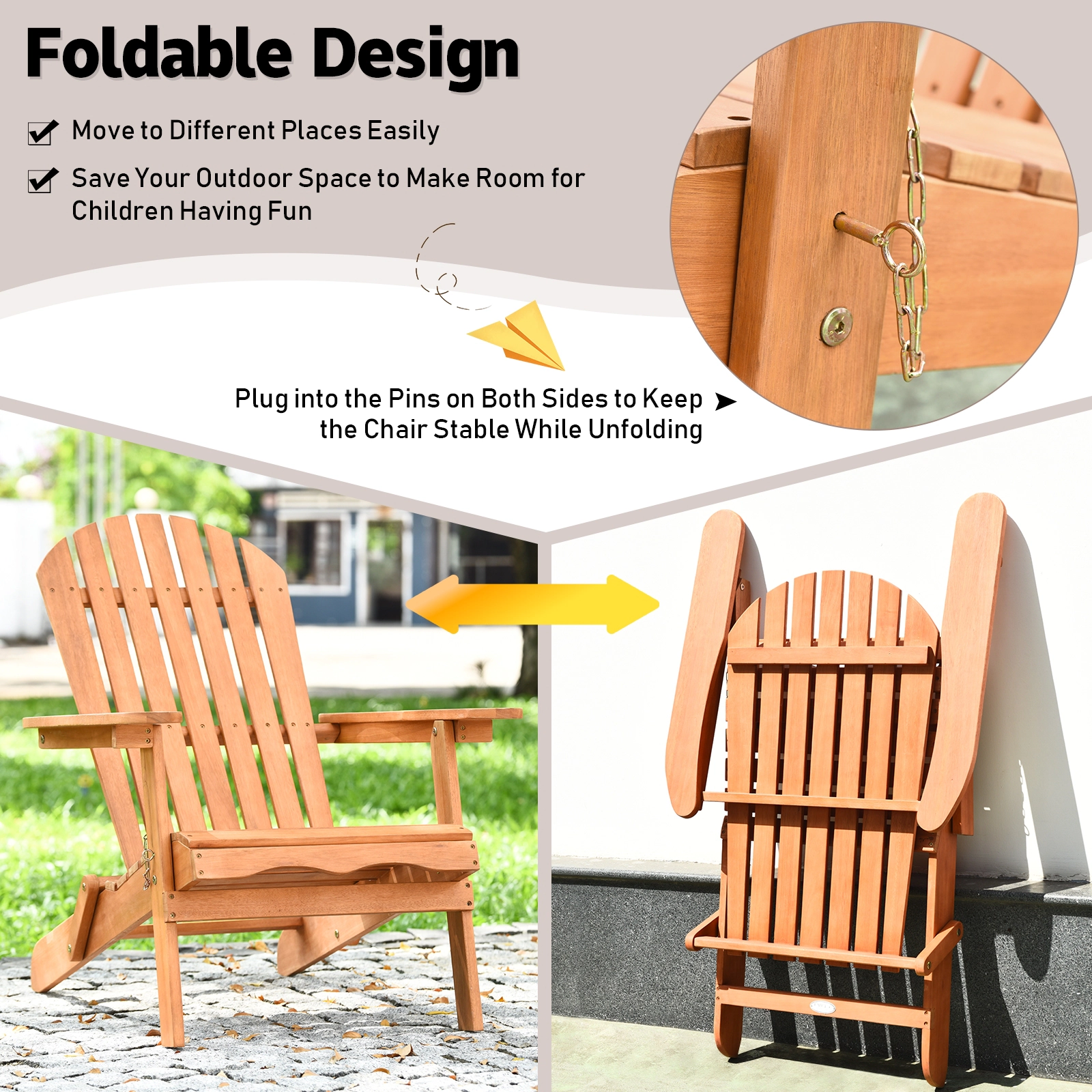 SUGIFT Natural Slatted Seat Folding Acacia Wood Oversized Adirondack Chair