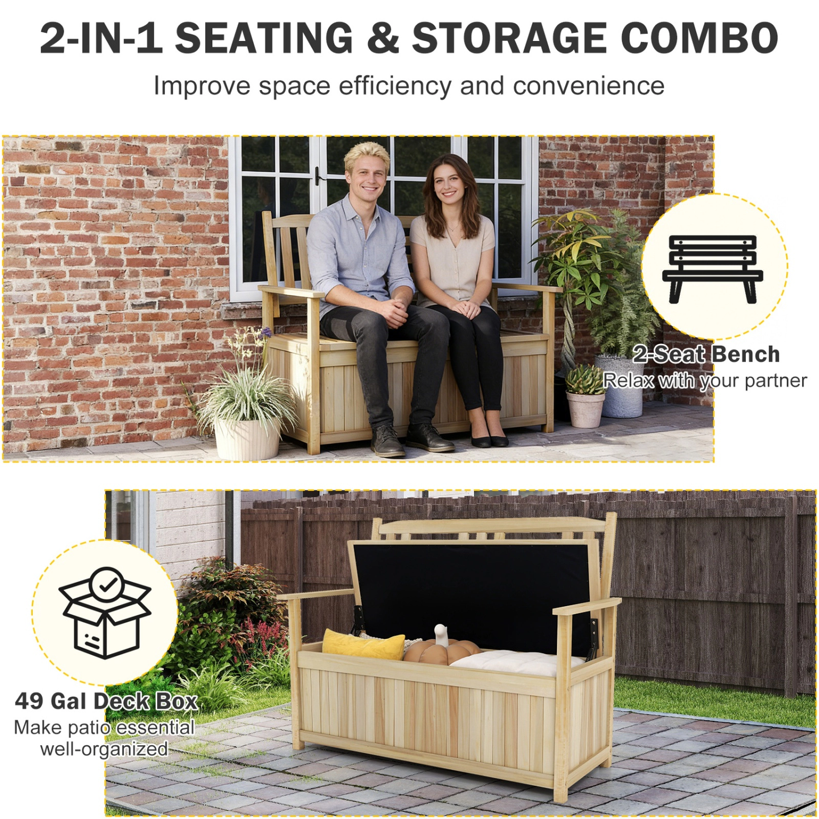 SUGIFT 48.5-In 2-Seat Natural Wood Outdoor Storage Bench, 49-Gal Deck Box, 550-Lb Capacity