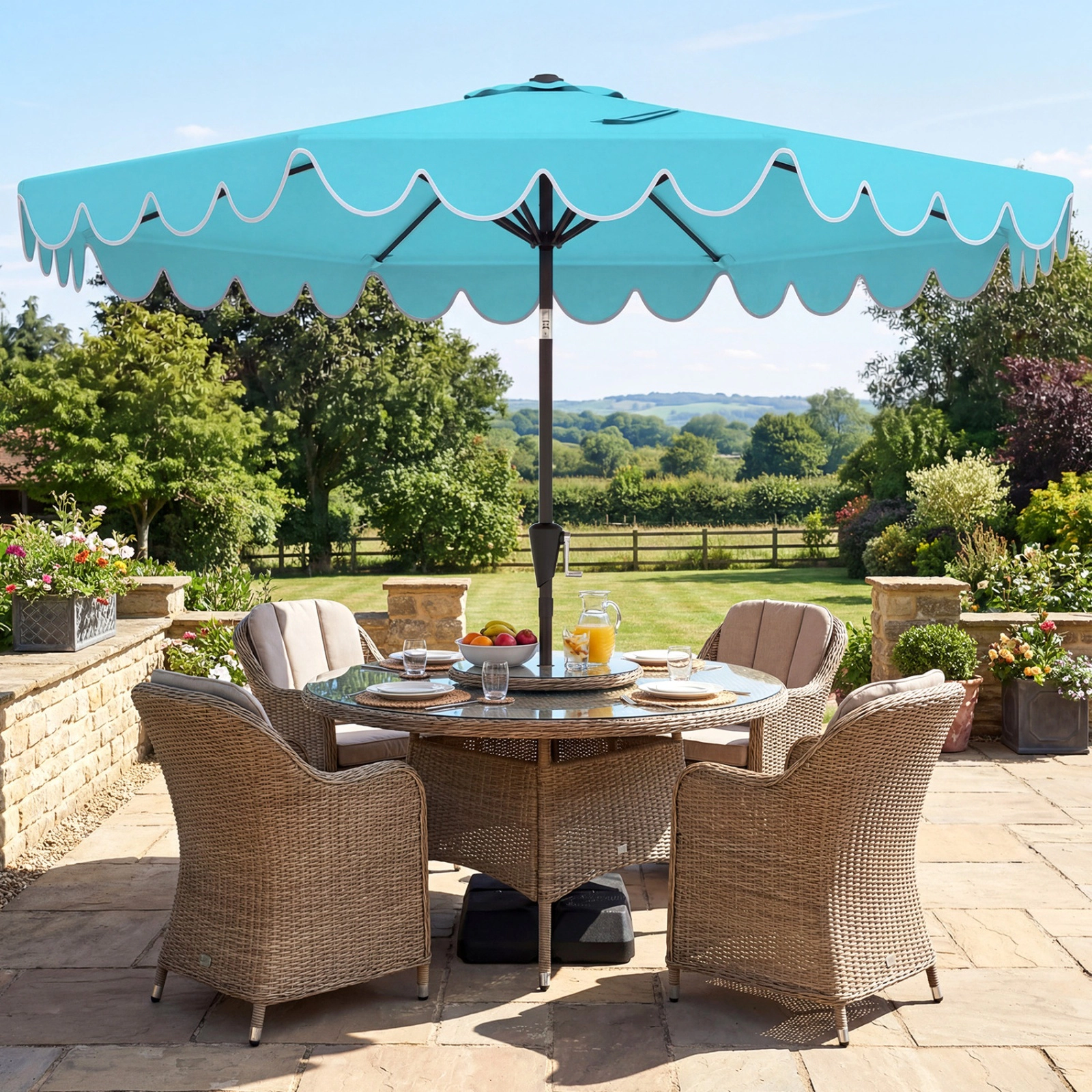 SUGIFT Double-Tier 10-ft Patio Umbrella with Ruffled Edges 10 x 8.2 in Canopy with Sandbag Base Turquoise