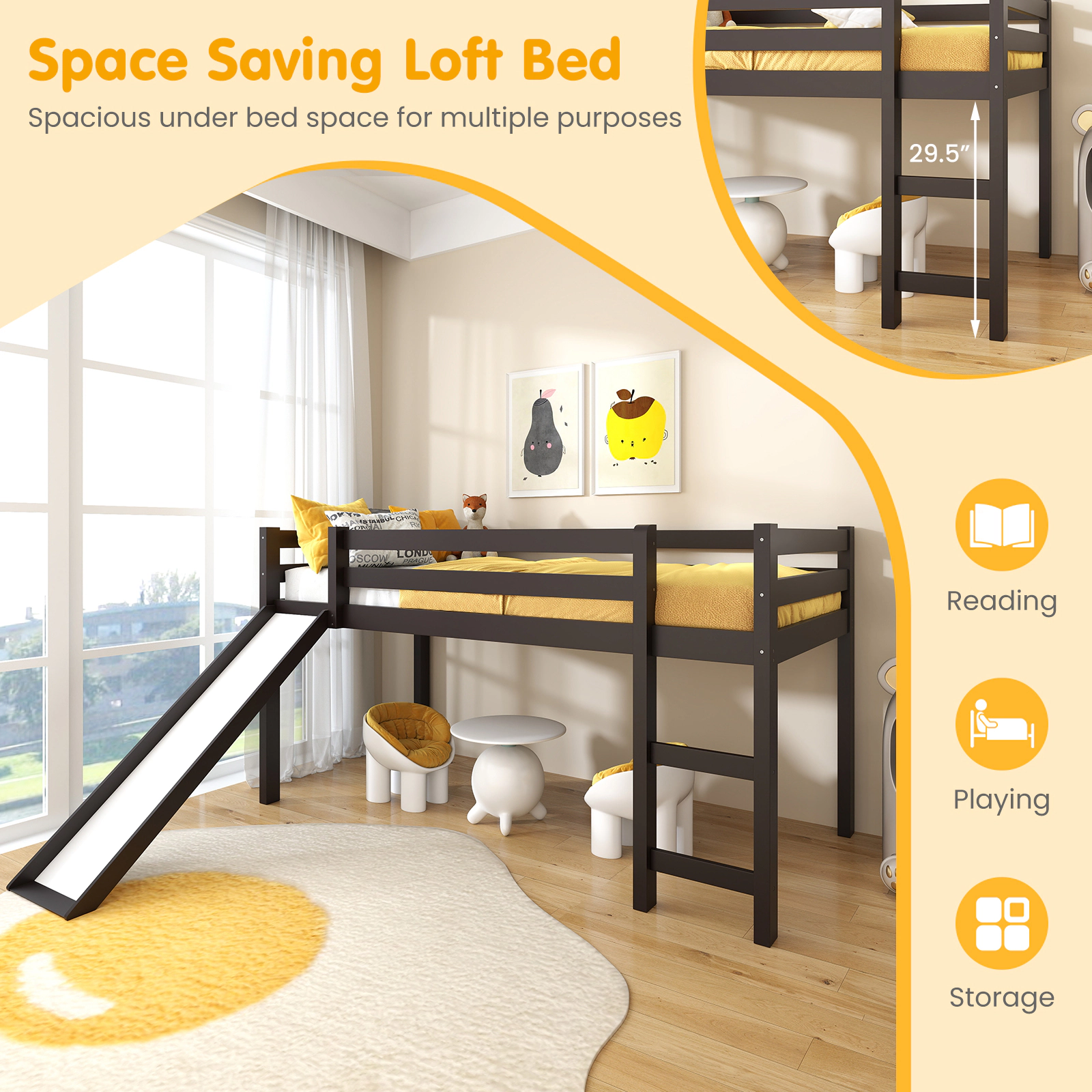SUGIFT Slide and Ladder Pine Wood Twin Low Kids Loft Bed