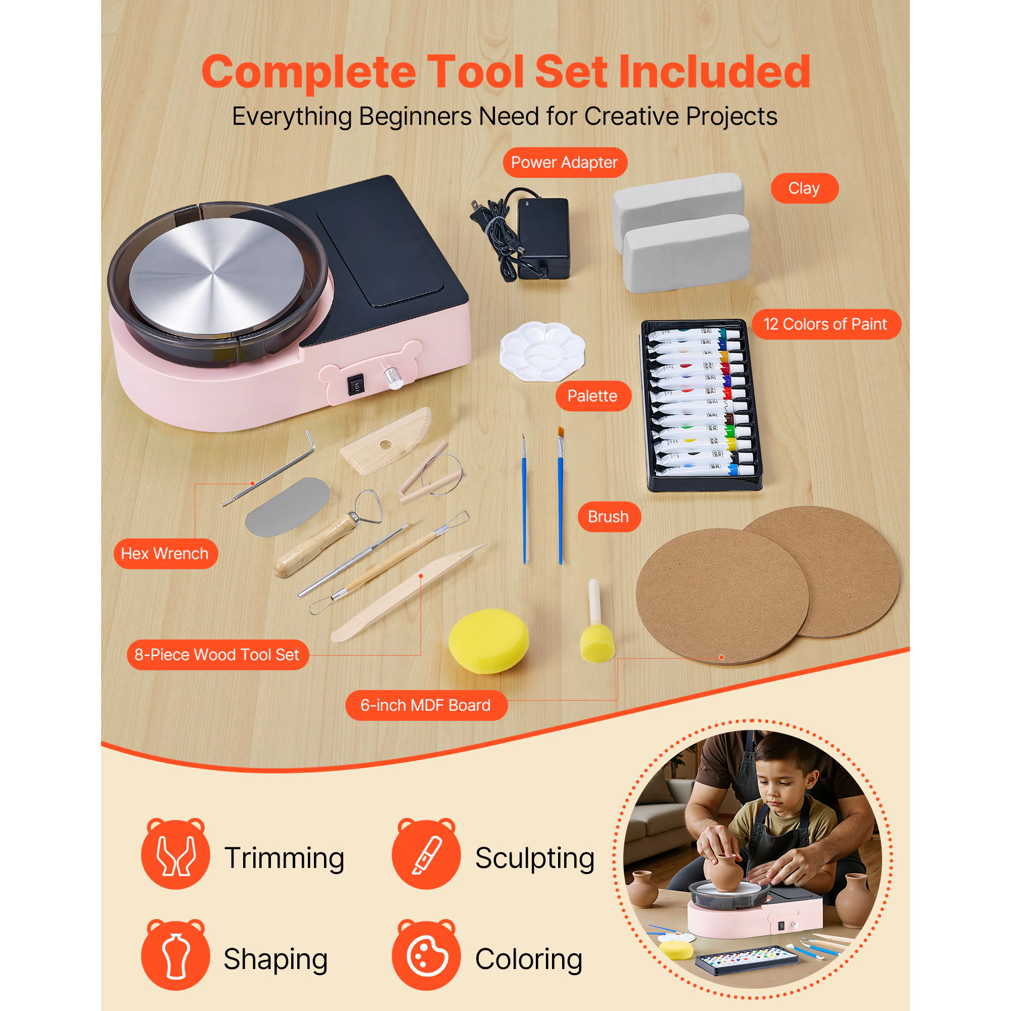 HONGGE Mini Pottery Wheel 6 inch Turntable Forward and Reverse Rotation Adjustable Speed Electric Clay for Kids