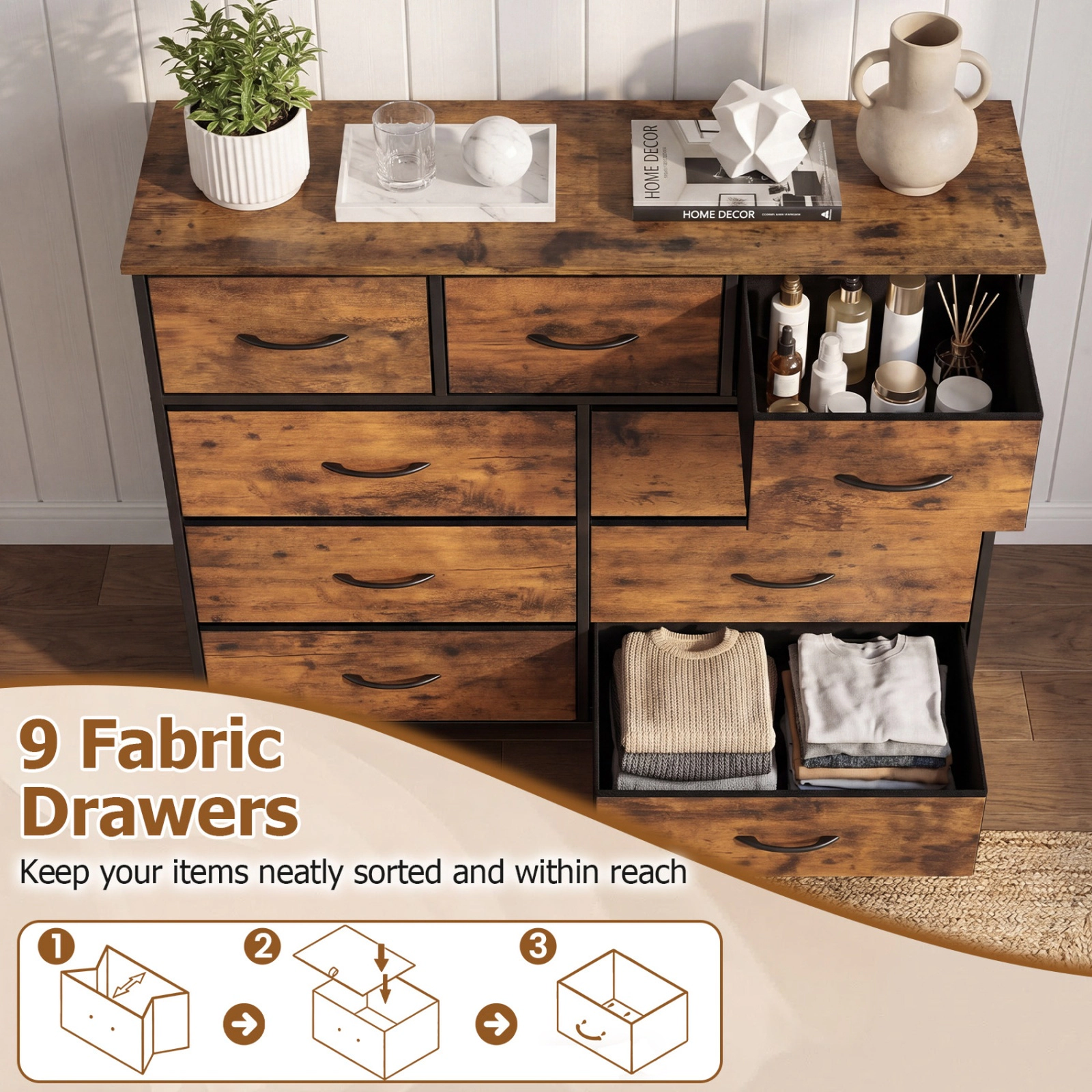 SUGIFT Rustic Brown Wooden Top and Steel Frame 9-Drawer Fabric Dresser