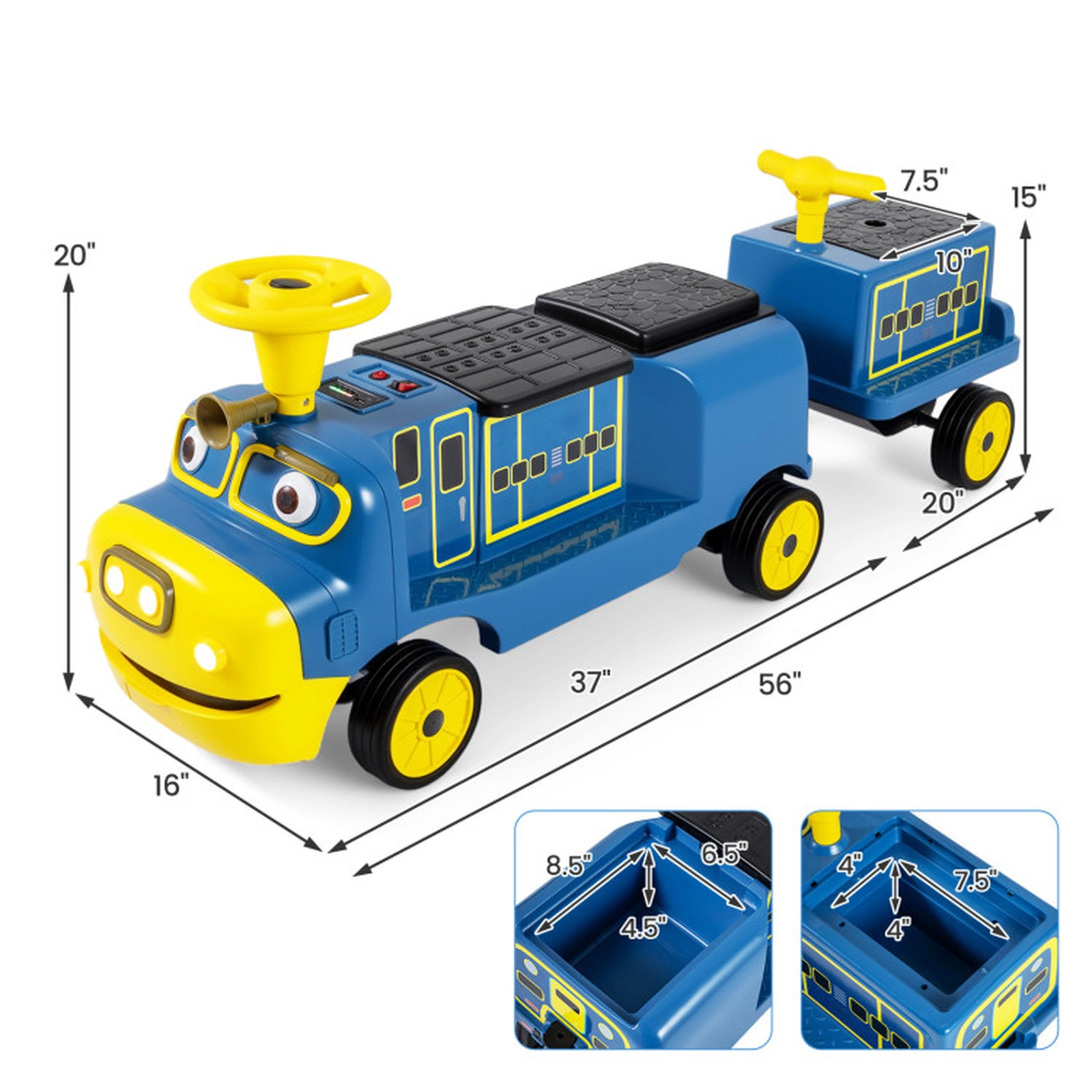 SUGIFT 12V 3-Seater Kids Ride-On Train with Detachable Carriage 132-lb Seat Capacity Ages 3+ Yellow & Blue/Red & Black