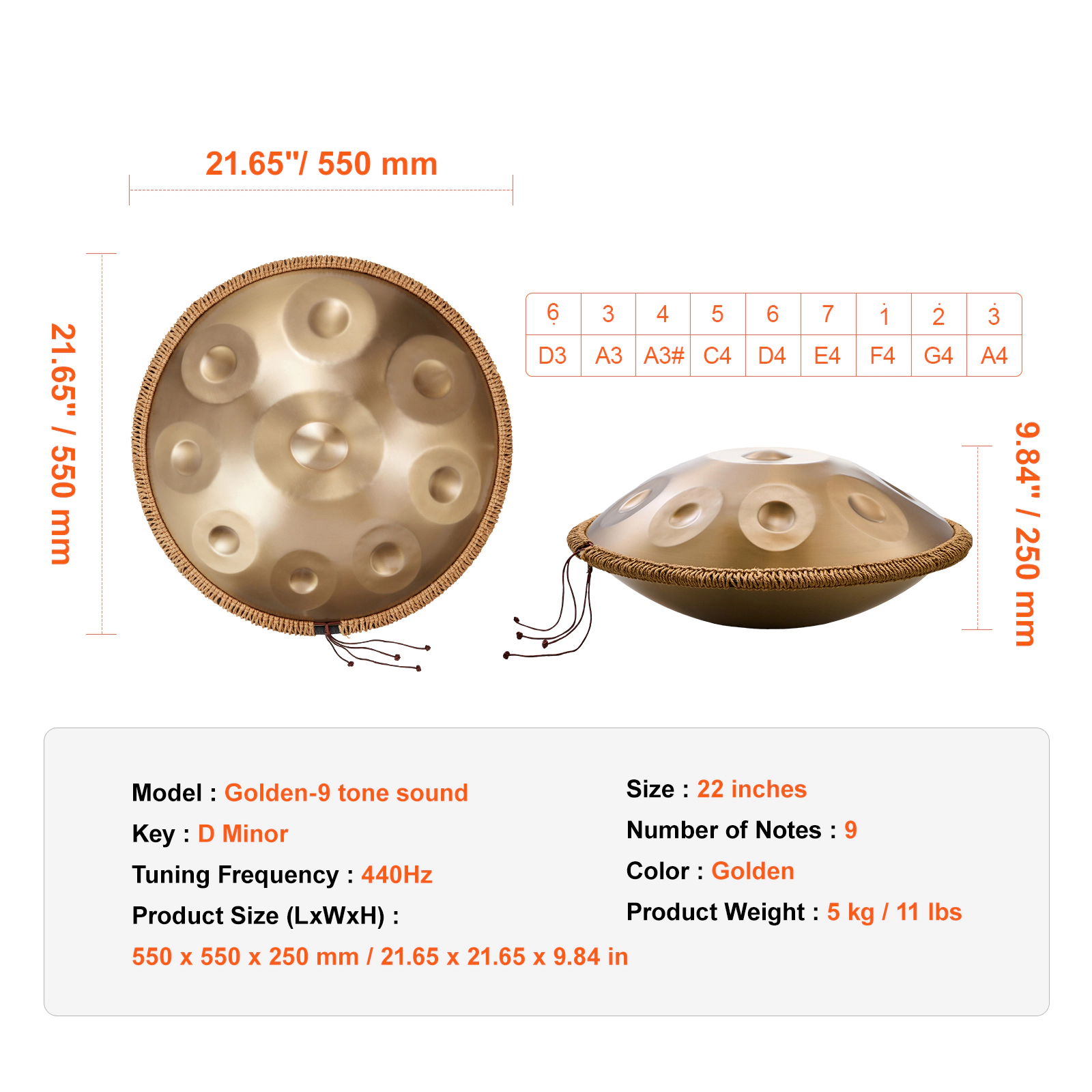 HONGGE Handpan Drum 22 in D Minor with Mallets, Stand & Carry Bag, Steel Healing Sound Percussion for Adults Beginners