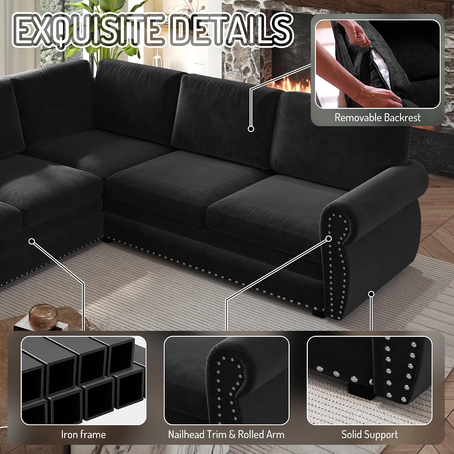 RENDGO 118 L Shaped Sectional Sleeper Sofa with Pull Out Bed