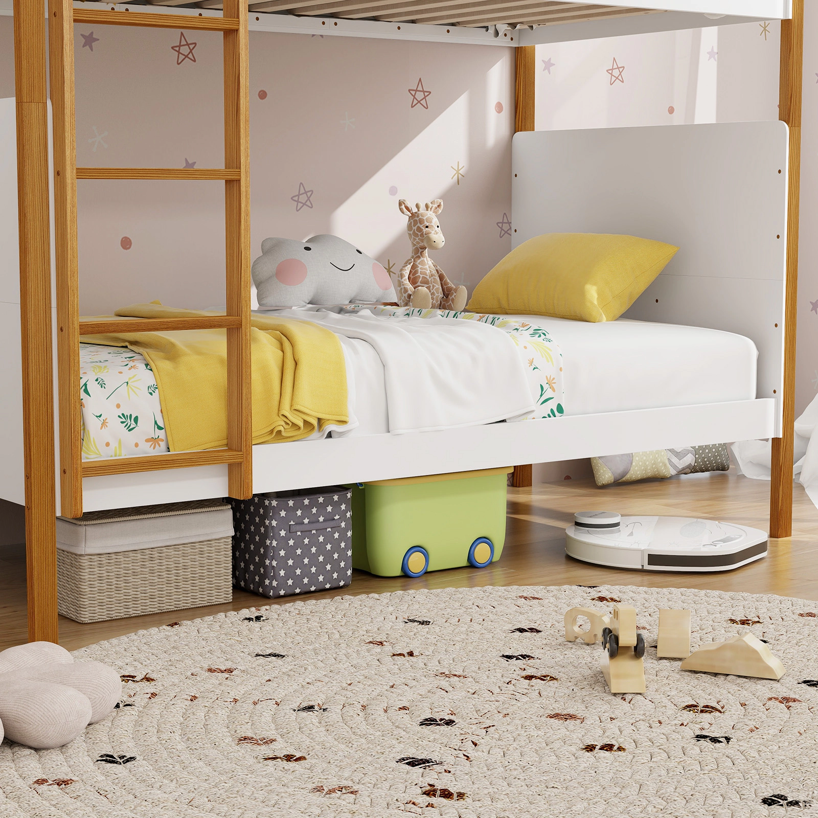 Twin Over Twin Bunk Bed for Kids with Built-In Ladder and 10.5-in Safety Guardrails 400-lb Capacity White and Honey