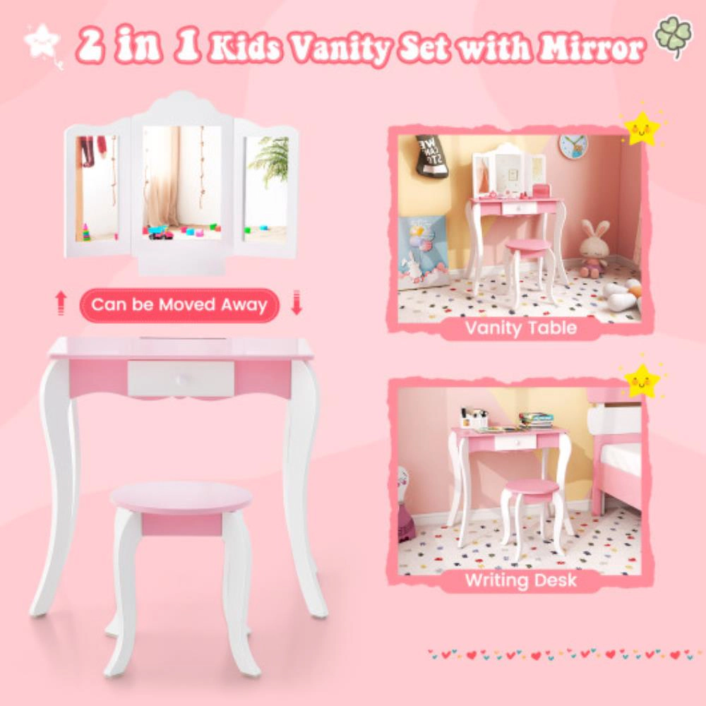 Hivvago Kid'S Wooden Vanity Table And Stool Set  With 3-Panel Acrylic Mirror-White