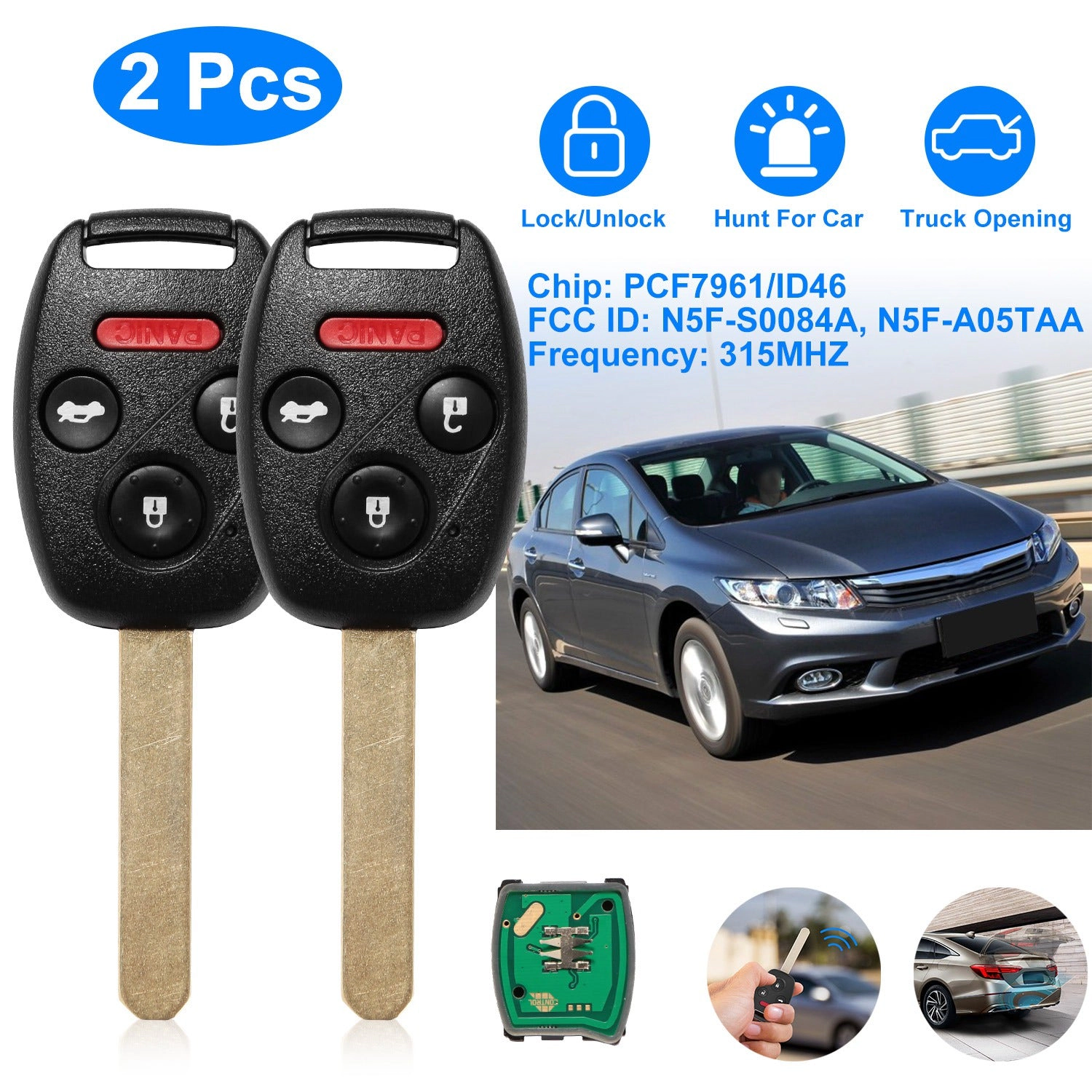 GBruno 2-Piece Remote Key Fob For Honda Civic 2006-2013