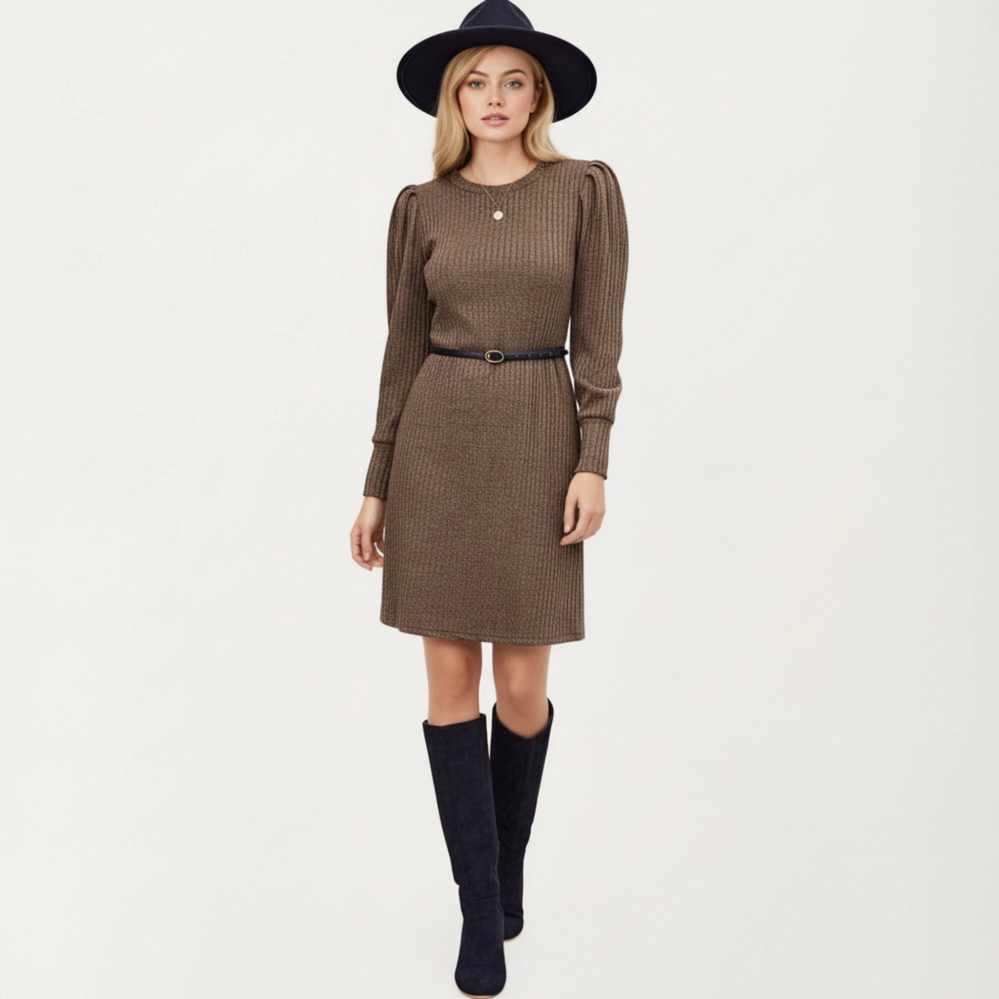 Anna-Kaci Women's Long Sleeve Ribbed Knit Puff Shoulders Crew Neck Stretch Fit Dress